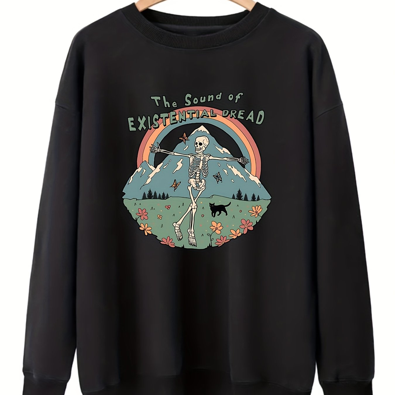 Sixsr Plus Size Halloween Sweatshirt, Women's Plus Skull & Rainbow & Letter Print Long Sleeve Round Neck Sweatshirt