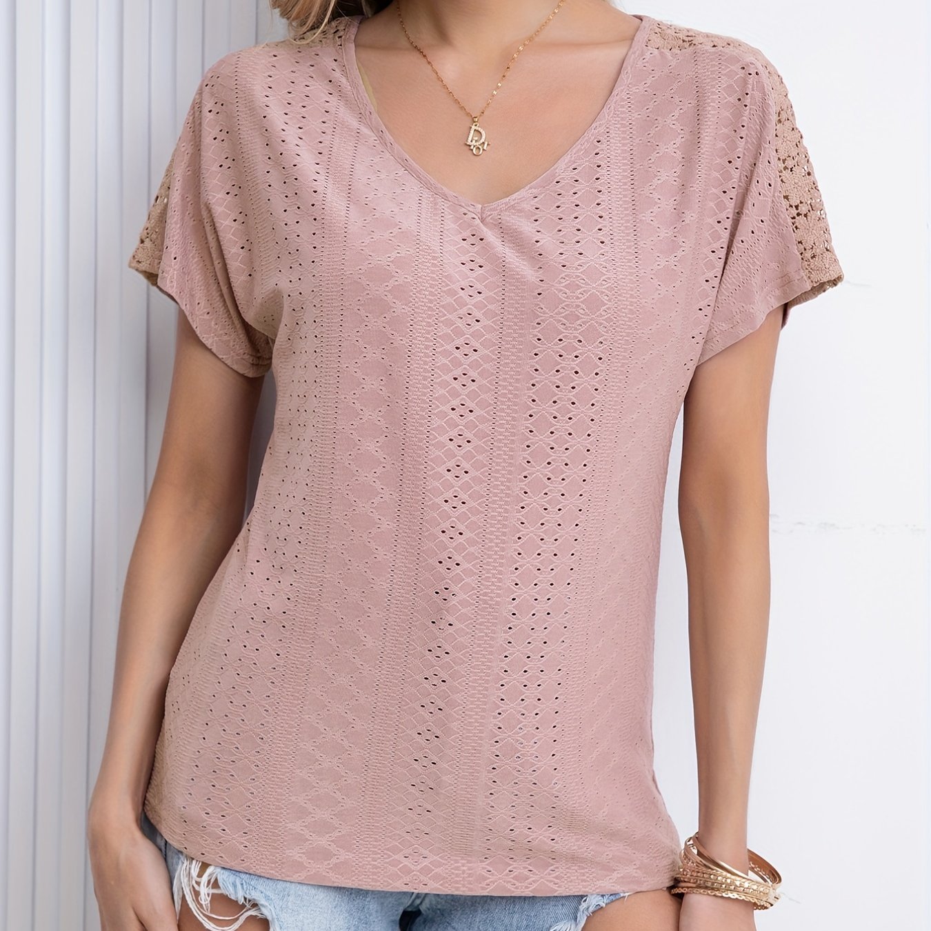 Sixsr V Neck Eyelet T-Shirt, Solid Short Sleeve Casual Top For Summer & Spring, Women's Clothing