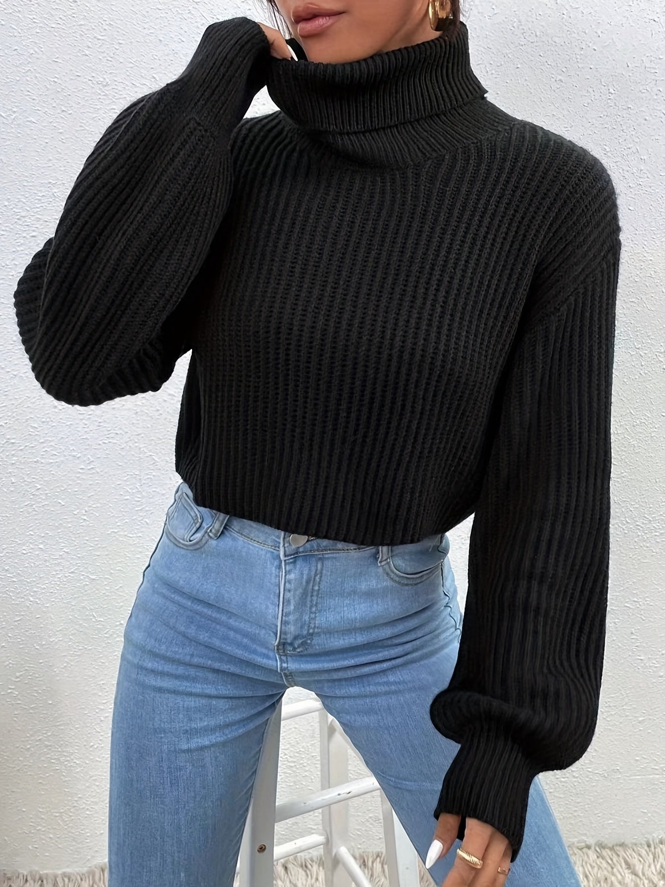 Sixsr Turtle Neck Drop Shoulder Cropped Sweater, Casual Long Sleeve Loose Fall Winter Knit Sweater, Women's Clothing