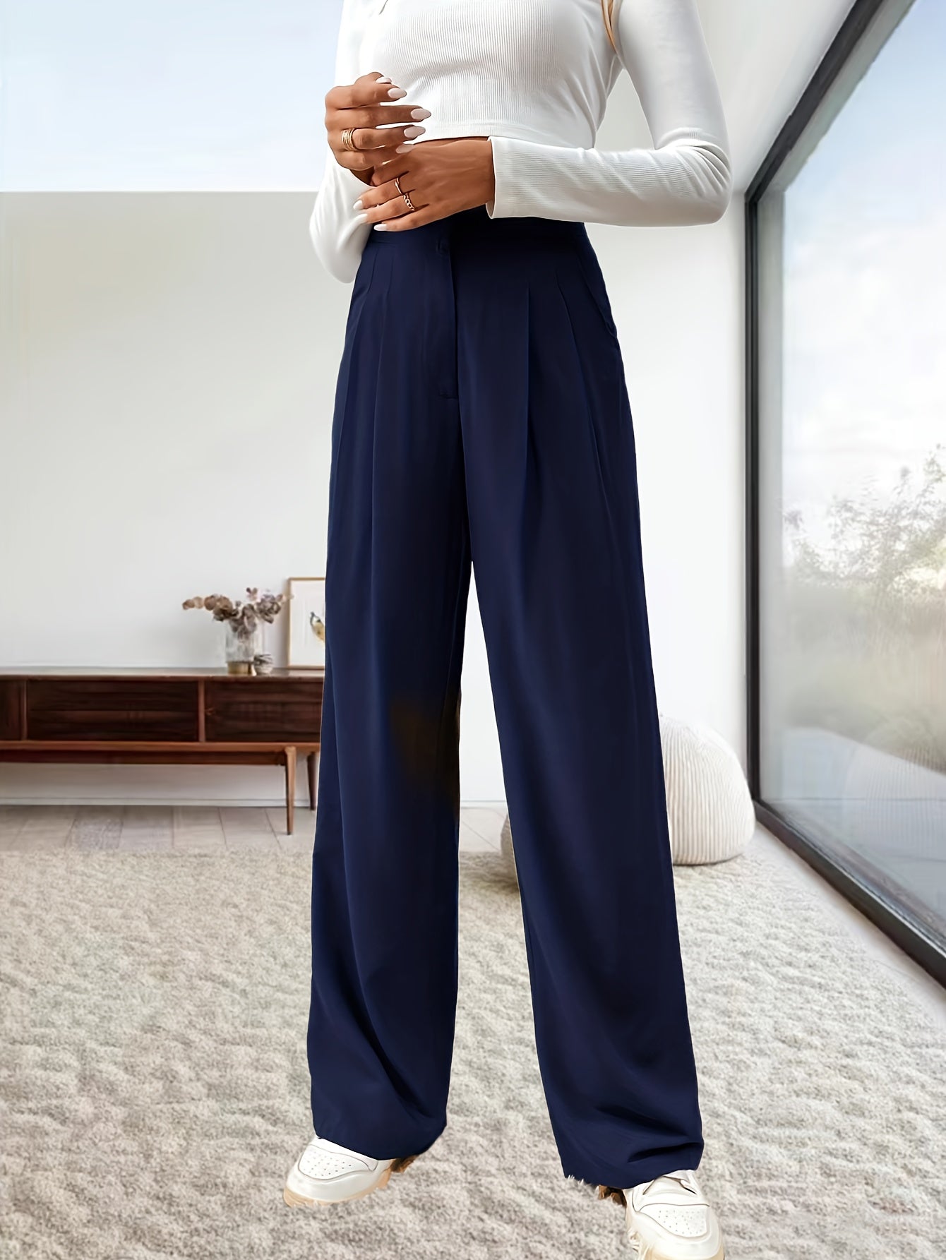 Sixsr Solid Ruched Pants, Casual High Waist Wide Leg Daily Work Pants, Women's Clothing