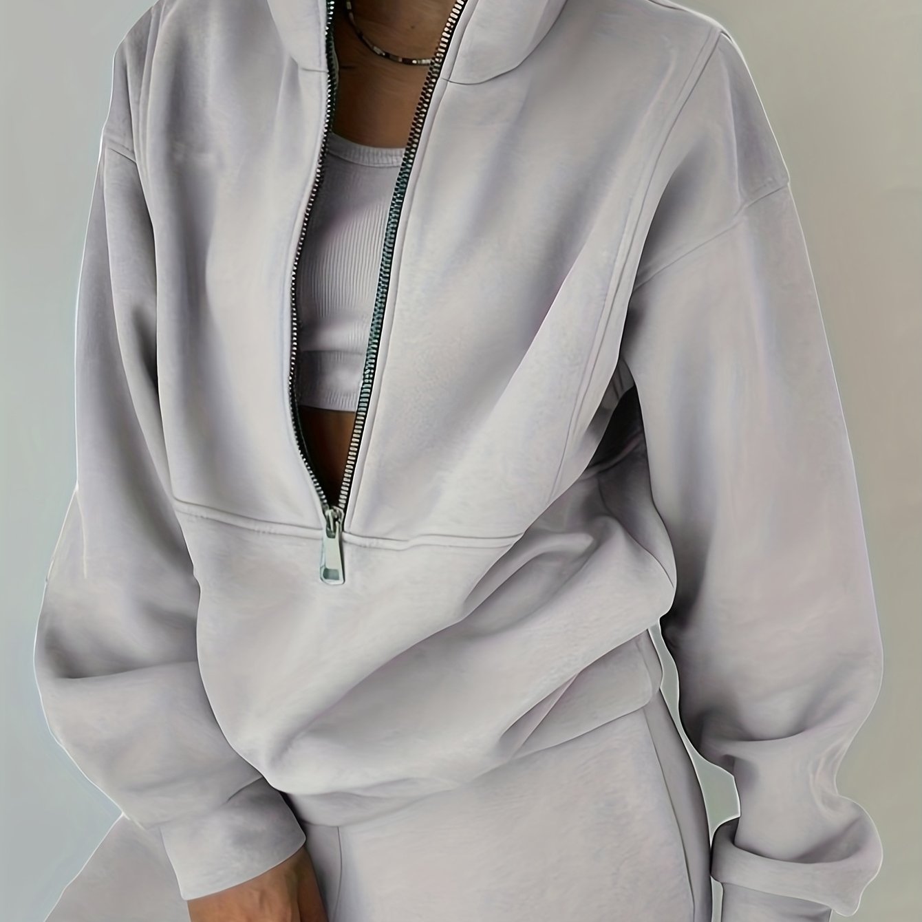 Sixsr Casual Matching Two-piece Set, Zip Up Sweatshirt & Solid Sweatpants Outfits, Women's Clothing