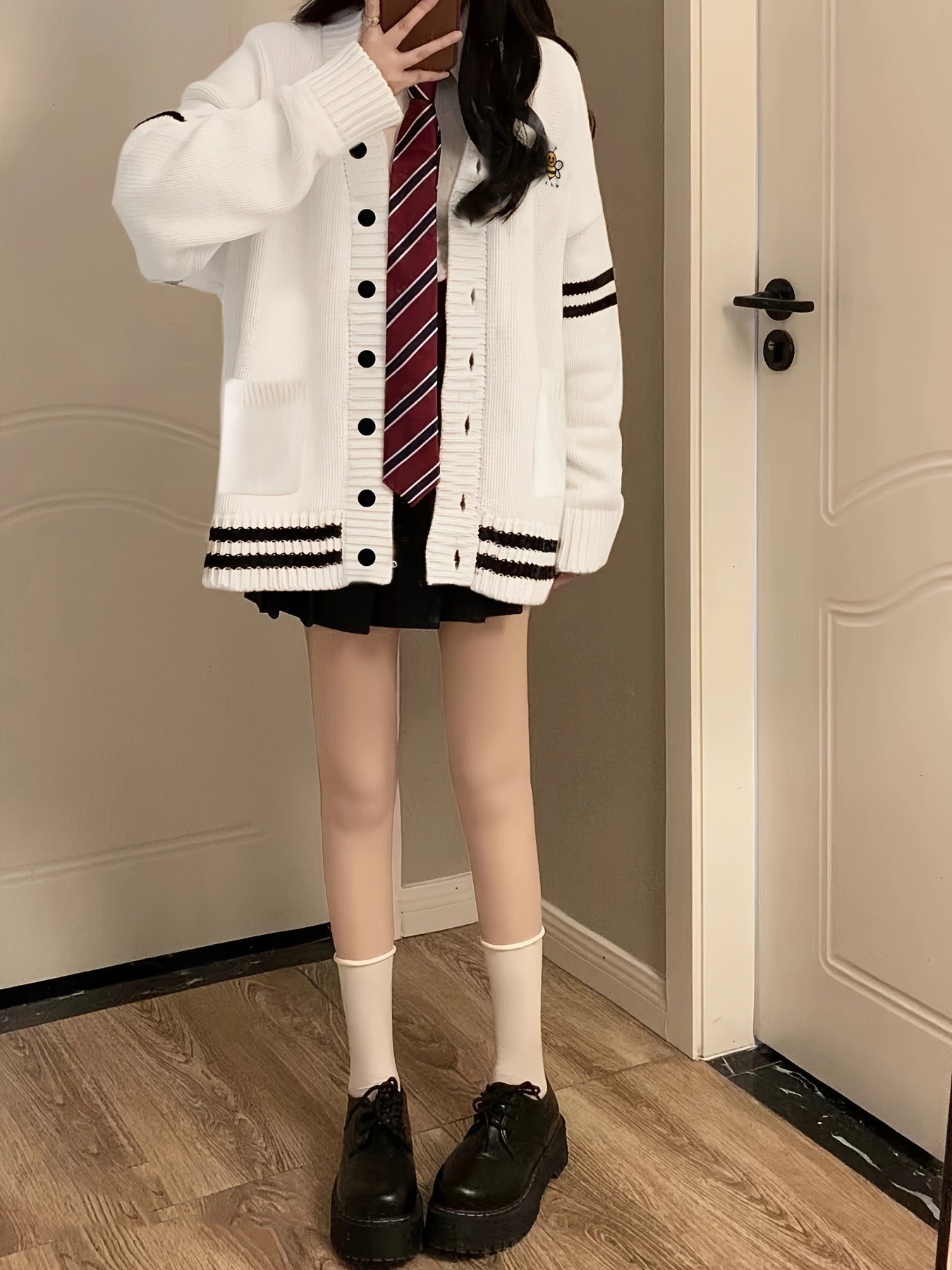 Sixsr Bee Embroidered Striped Cardigan, Casual Long Sleeve Cardigan For Fall & Winter, Women's Clothing