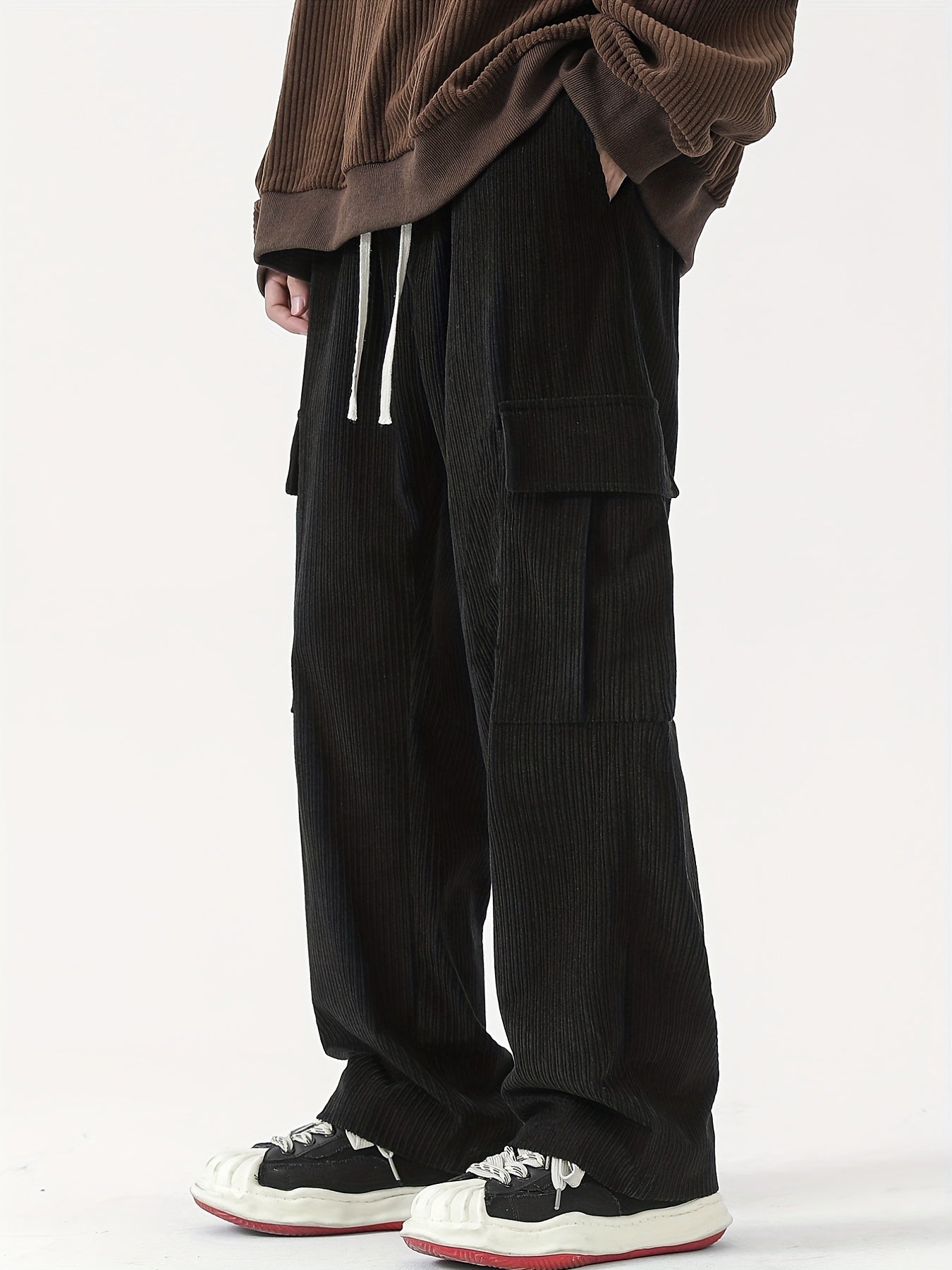 Sixsr Corduroy Multi Flap Pockets Men's Straight Leg Cargo Pants, Loose Baggy Pant Casual Outdoor Pants, Men's Work Pants For Hiking Fishing Angling