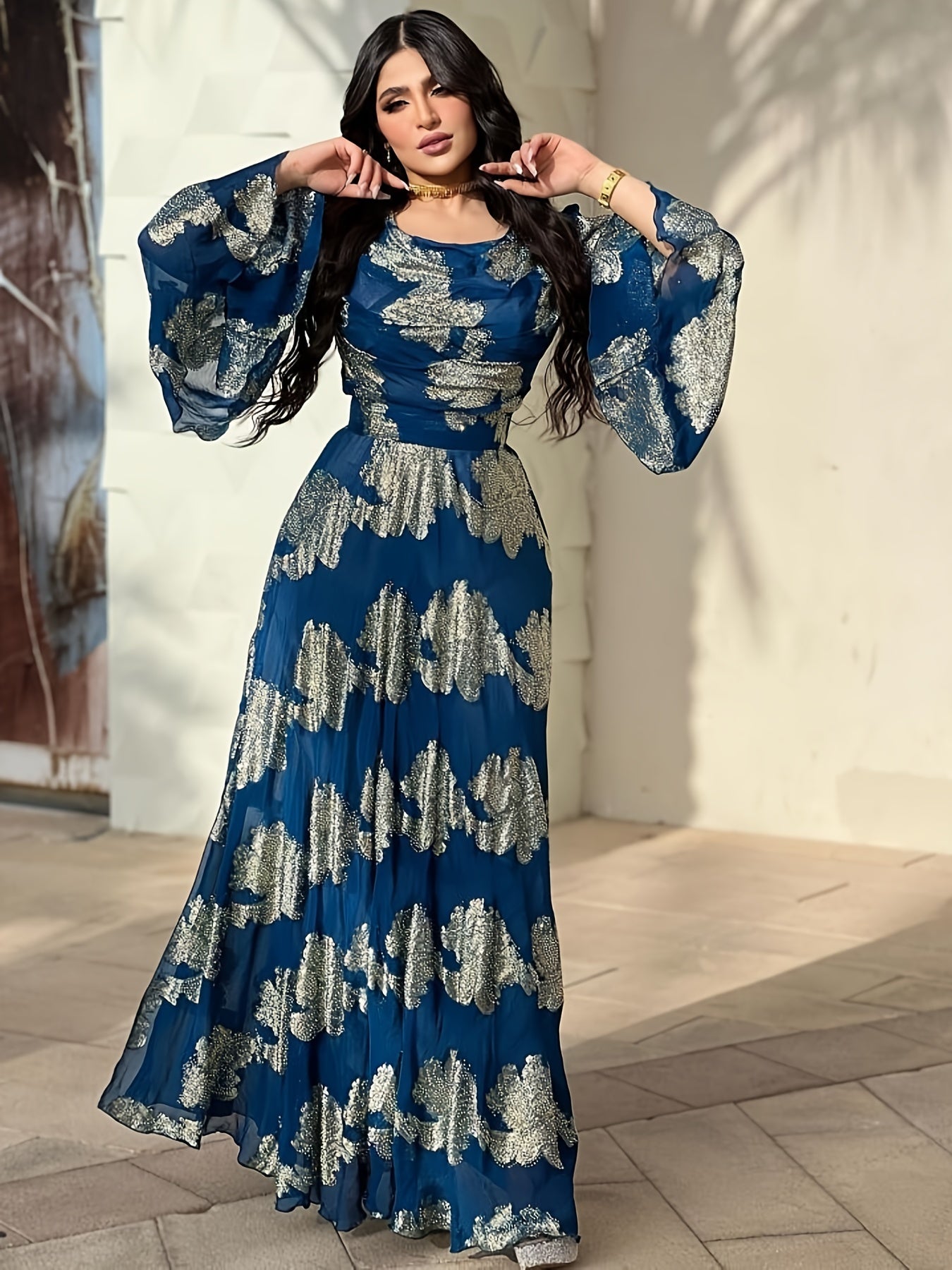 Sixsr Bronzing Crew Neck Dress, Elegant Long Sleeve Slim Waist Split Party Dress, Women's Clothing