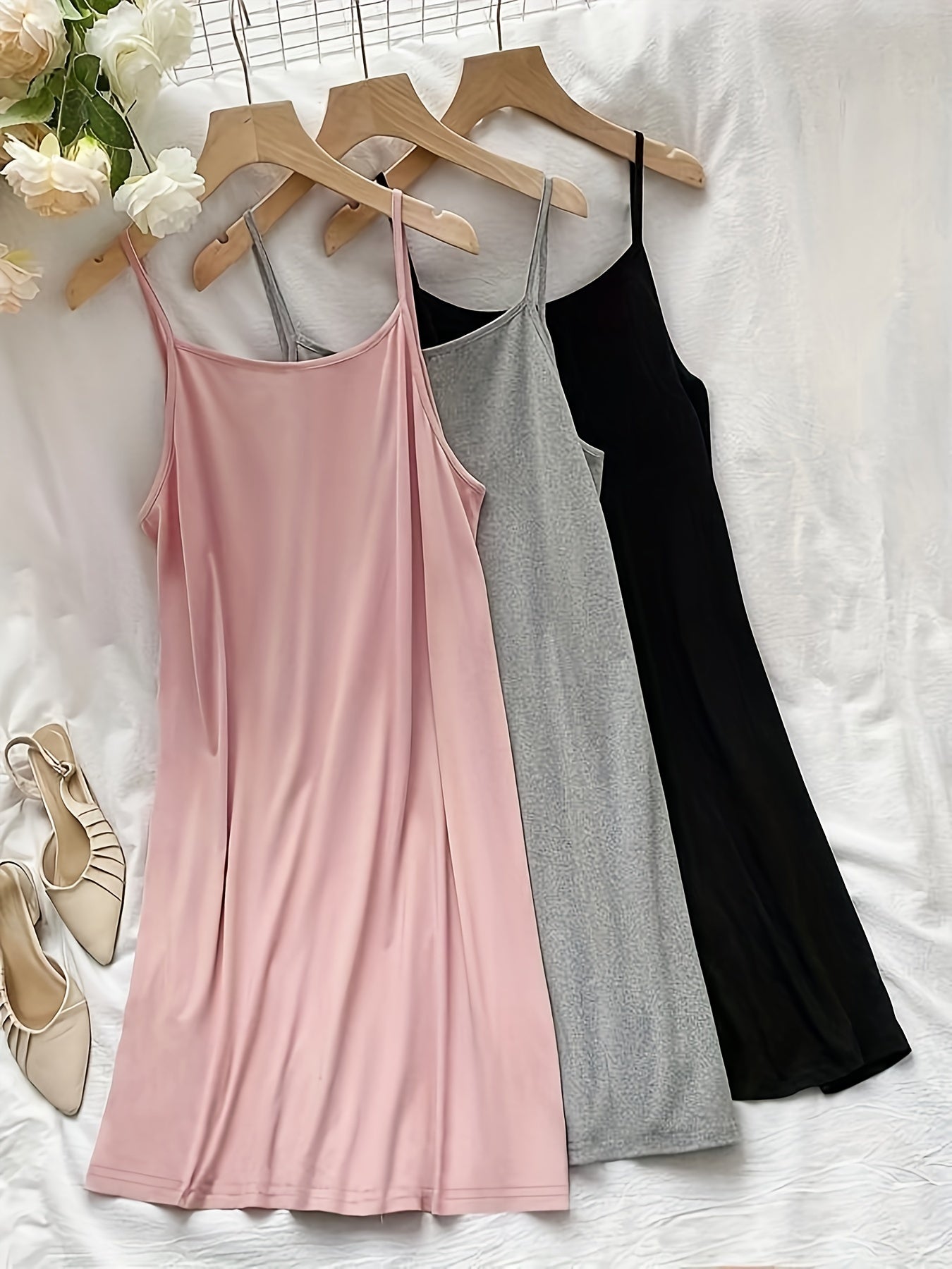 3 pack Women's Plus Size Summer Cami Dress Set - High Stretch, Plain Round Neck, Perfect for Casual and Formal Occasions