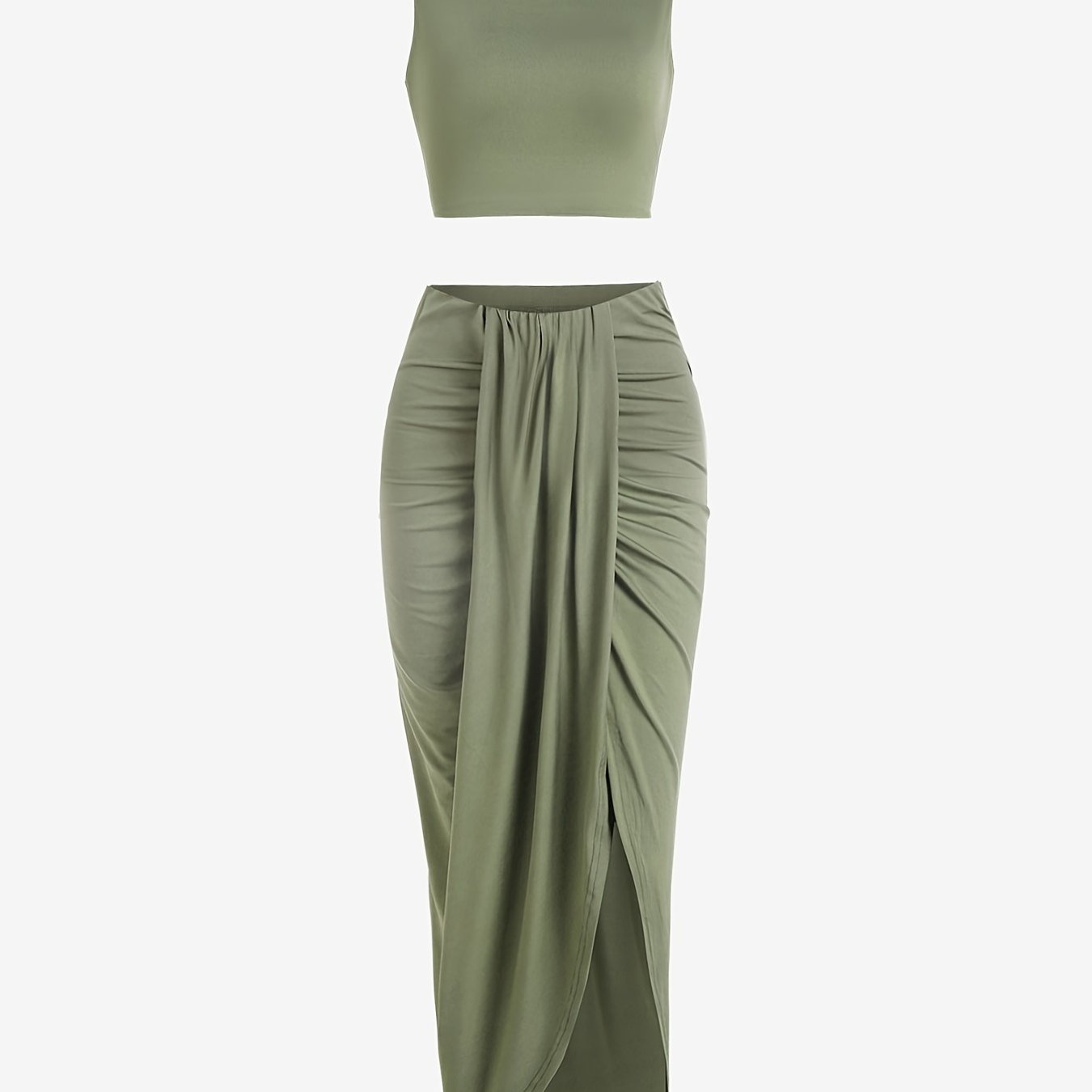 Two-piece Skirt Set, Crop Tank Top & Ruched Split Front Skirt Outfits, Women's Clothing
