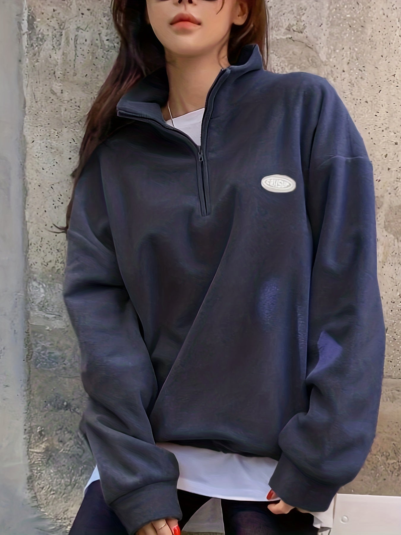 Sixsr Slogan Pattern Quarter Zip Pullover Sweatshirt, Casual Long Sleeve Lapel Sweatshirt For Fall & Winter, Women's Clothing