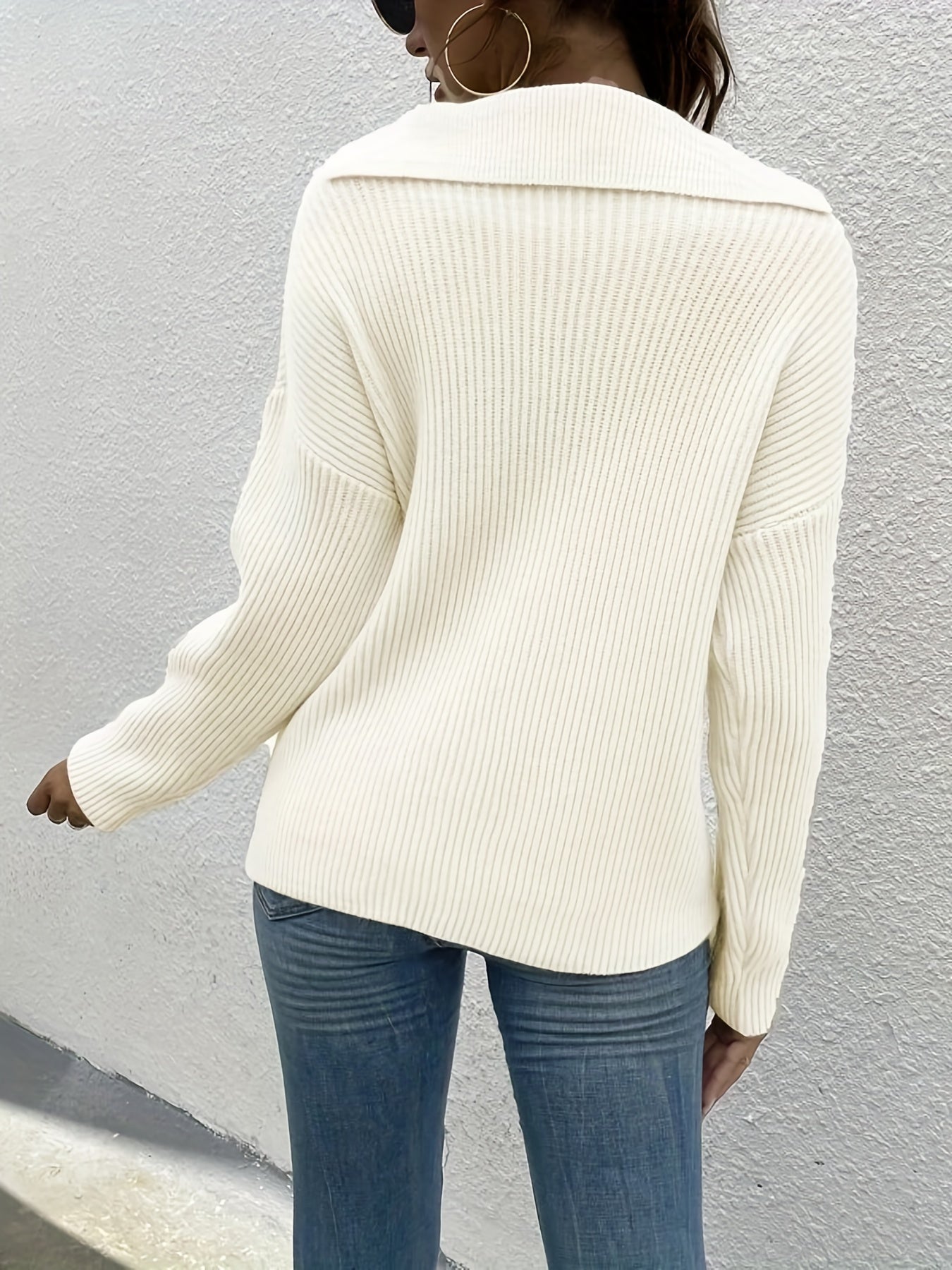 Sixsr Solid Rib Knit Sweater, Casual Drop Shoulder Long Sleeve Sweater, Women's Clothing