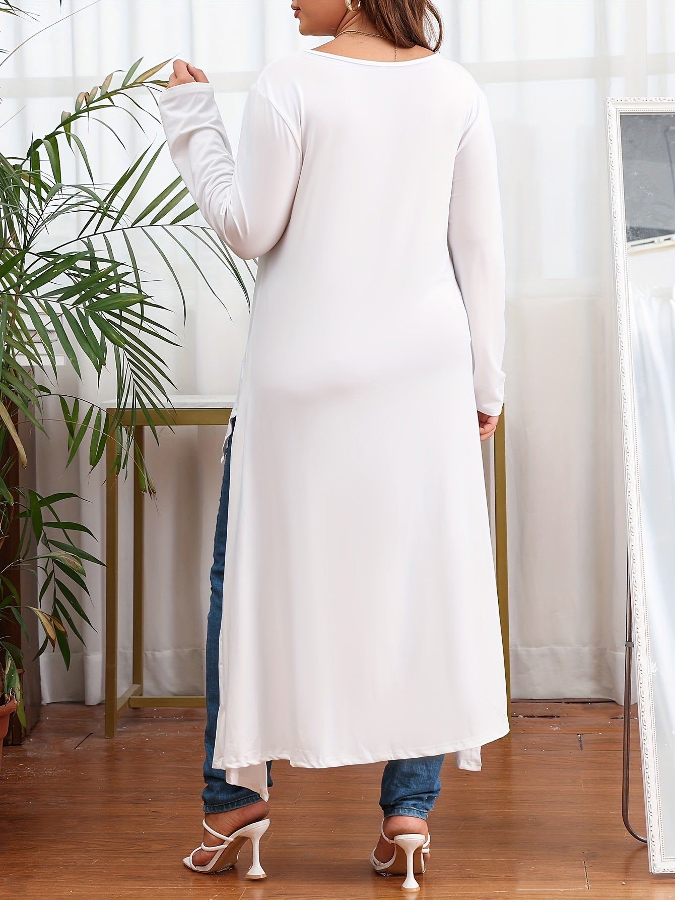 Sixsr Plus Size Casual Top, Women's Plus Figure Print Long Sleeve Round Neck Tunic Top
