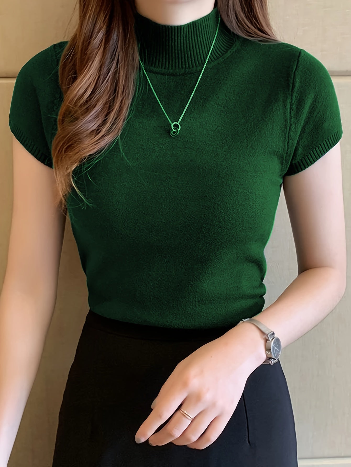 Sixsr Solid Mock Neck Knit Sweater, Casual Short Sleeve Sweater, Women's Clothing