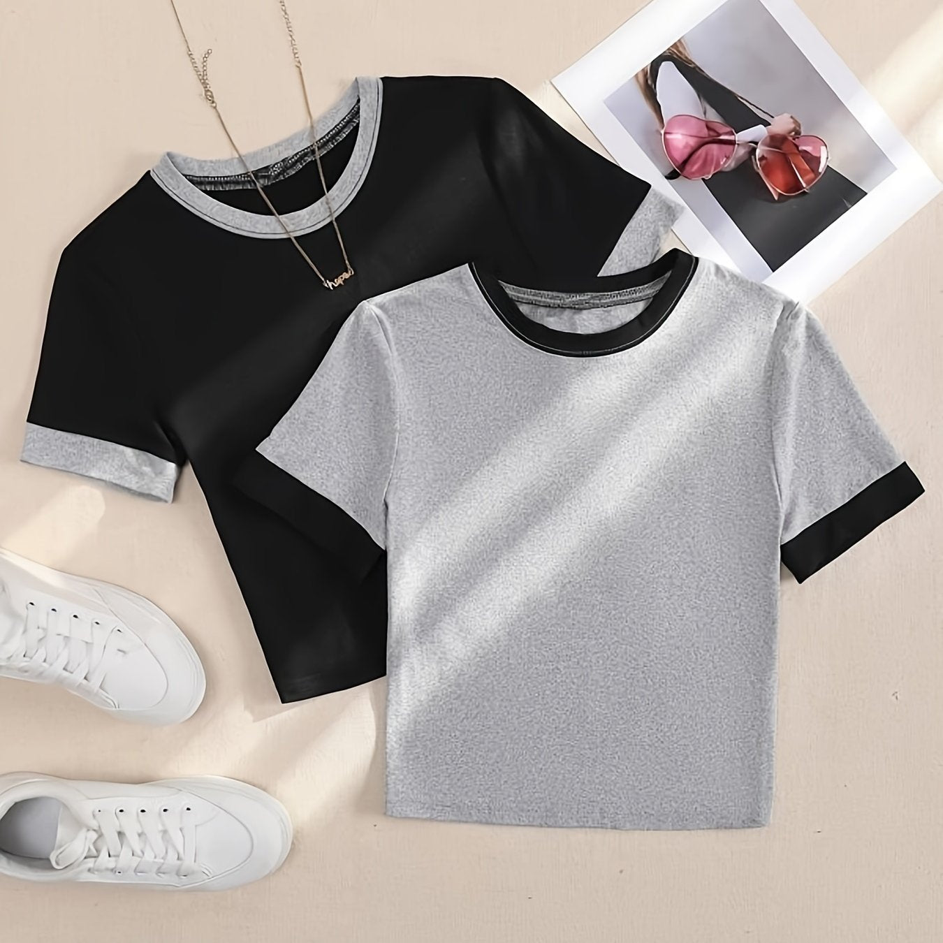 Sixsr 2 Piece Crop T-Shirt Set, Solid Short Sleeve Crew Neck T-Shirt For Summer & Spring, Women's Clothing