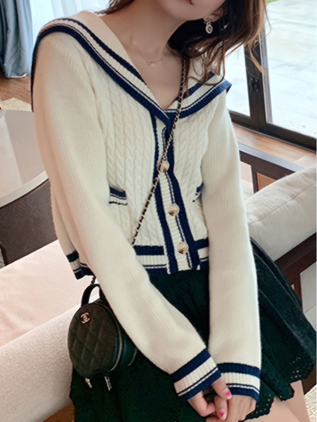 Sixsr Striped Button Down Cable Knit Cardigan, Elegant Collared Long Sleeve Preppy Style Sweater, Women's Clothing