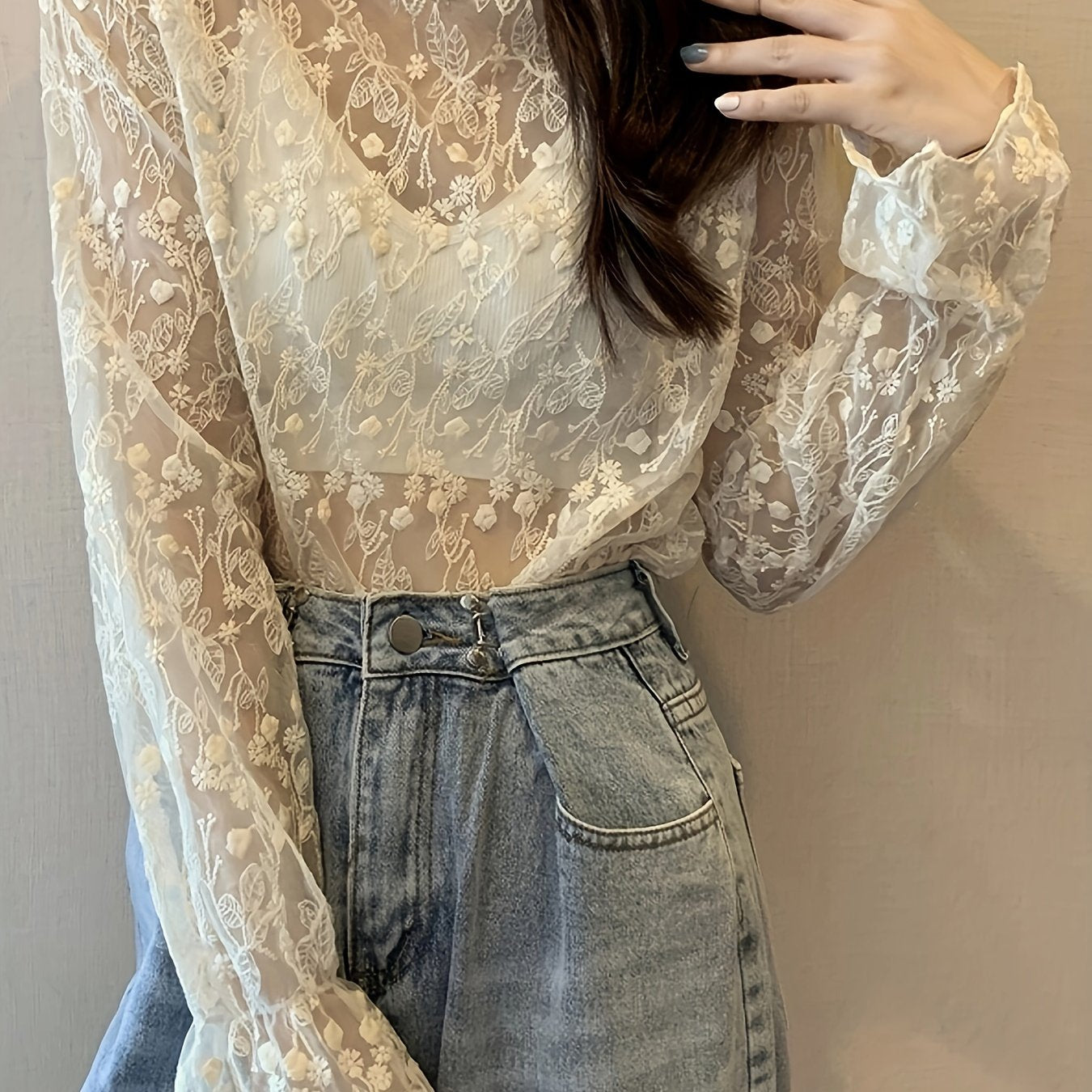 Sixsr Guipure Lace Overlay Flare Sleeve Blouse, Casual Mock Neck Long Sleeve Blouse, Women's Clothing