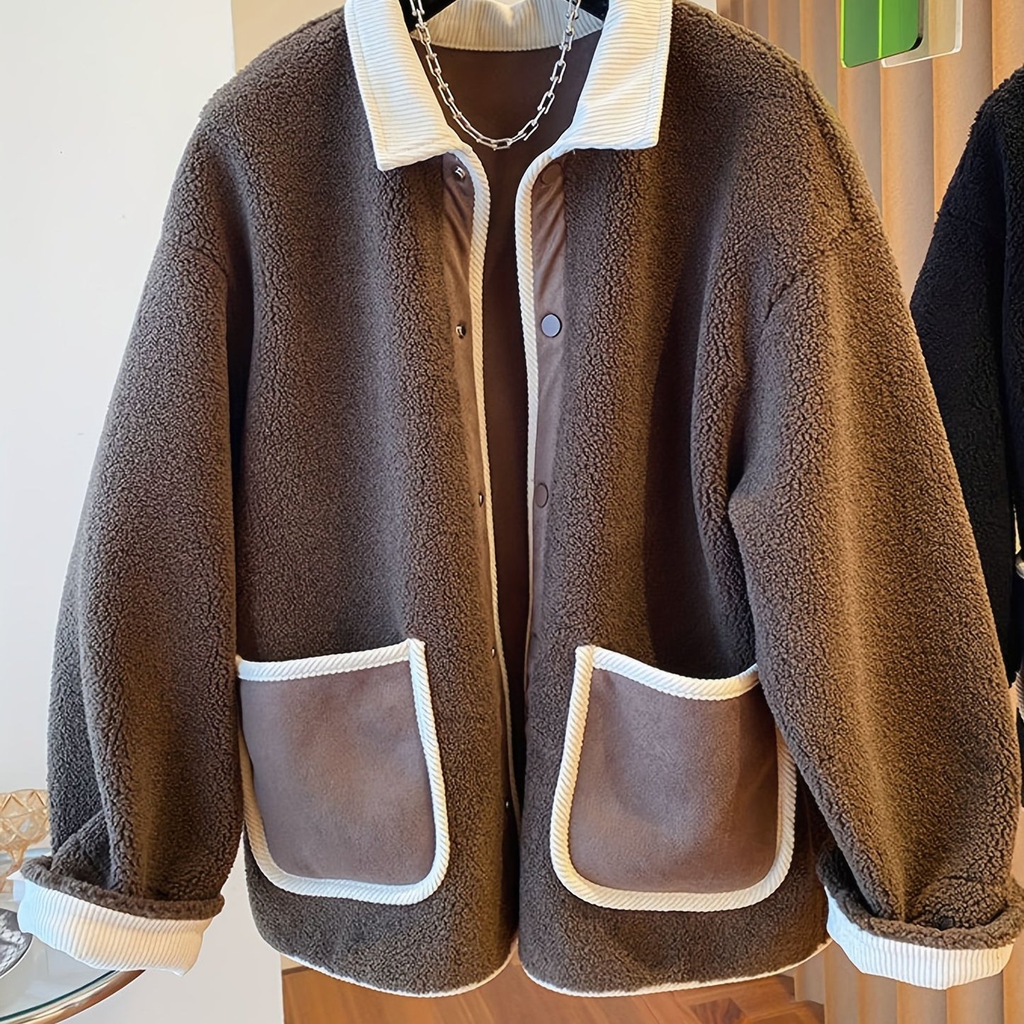 Sixsr Contrast Trim Patched Pockets Outwear, Versatile Long Sleeve Button Front Coat For Fall & Winter, Women's Clothing