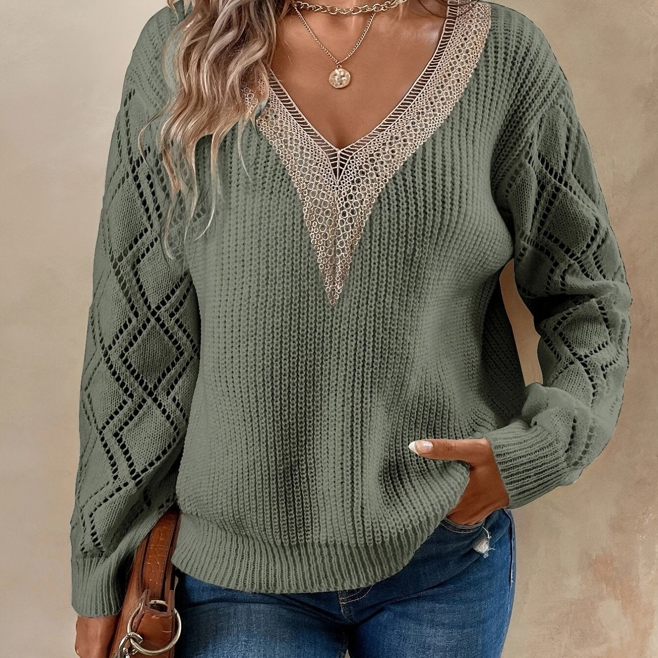 Sixsr Solid V Neck Knitted Sweater, Hollow Out Long Sleeve Casual Sweater For Fall & Winter, Women's Clothing