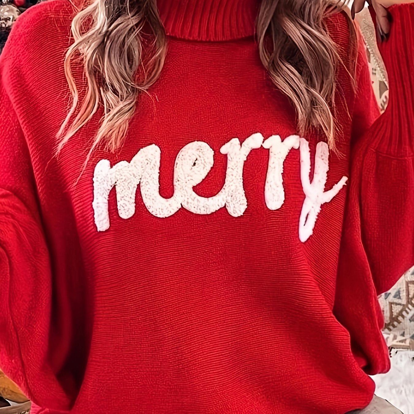 Sixsr Plus Size Casual Sweater, Women's Plus Letter Patch Bat Sleeve Turtle Neck Pullover Sweater