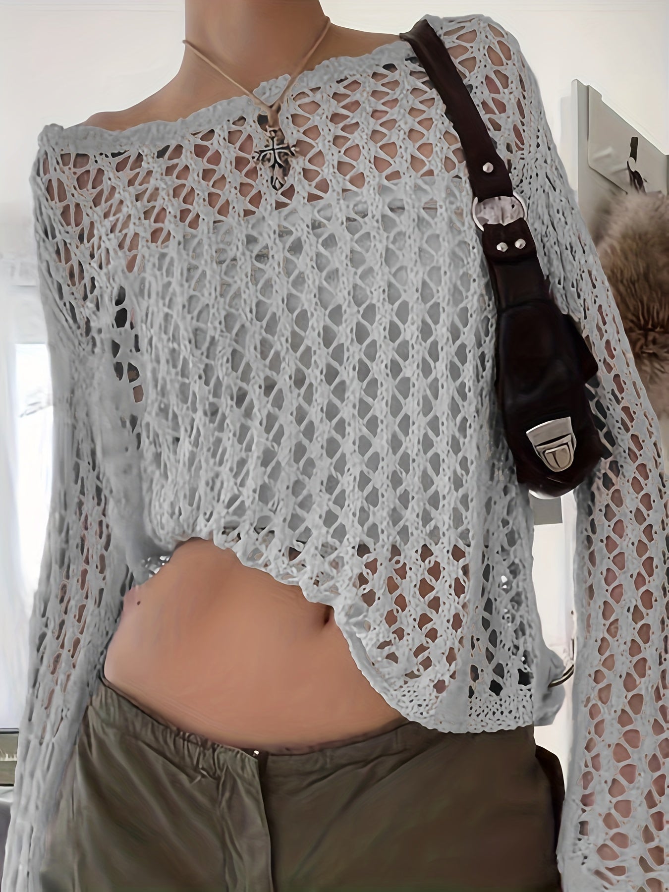 Sixsr Crochet Beach Wear Knit Sweater, Vacation Solid Crew Neck Long Sleeve Summer Sweater, Women's Clothing