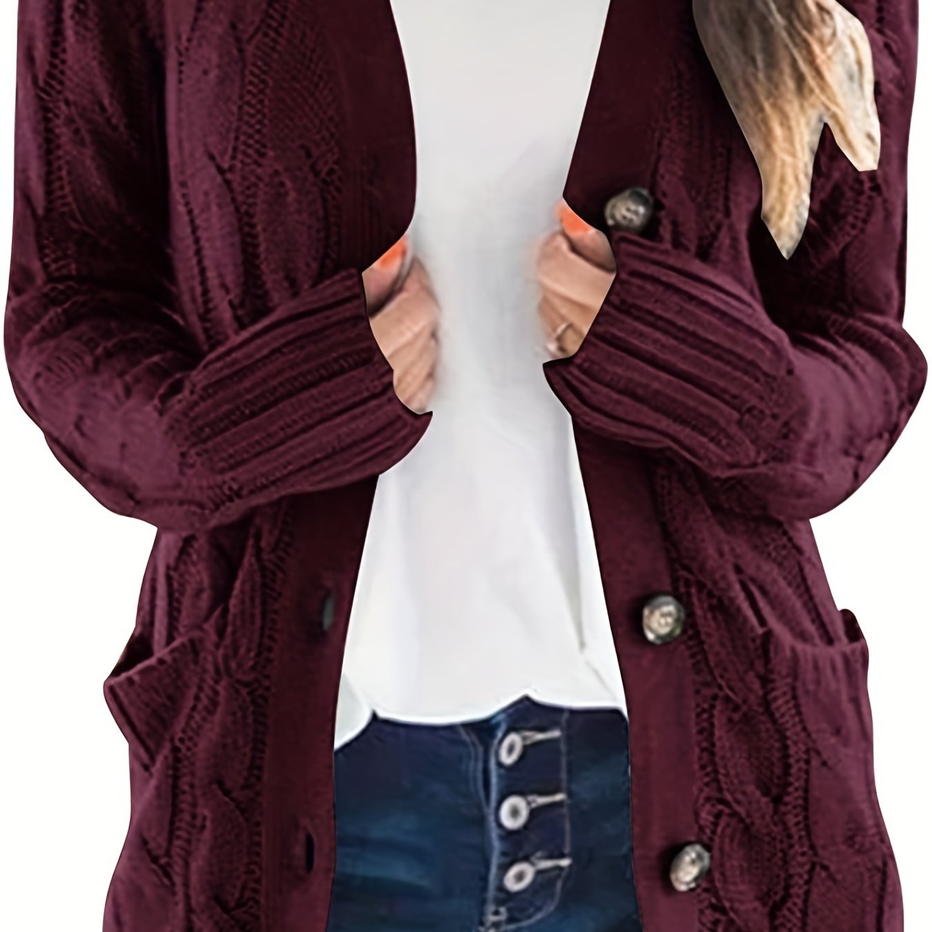Sixsr Cable Knit Button Front Cardigan, Casual Solid Long Sleeve Cardigan For Fall & Winter, Women's Clothing