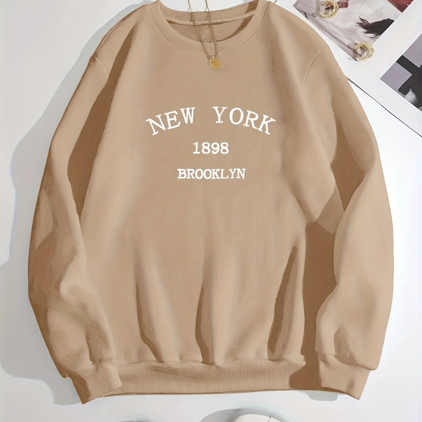Sixsr New York Brooklyn Print Loose Sweatshirt, Casual Long Sleeve Crew Neck Sweatshirt, Women's Clothing