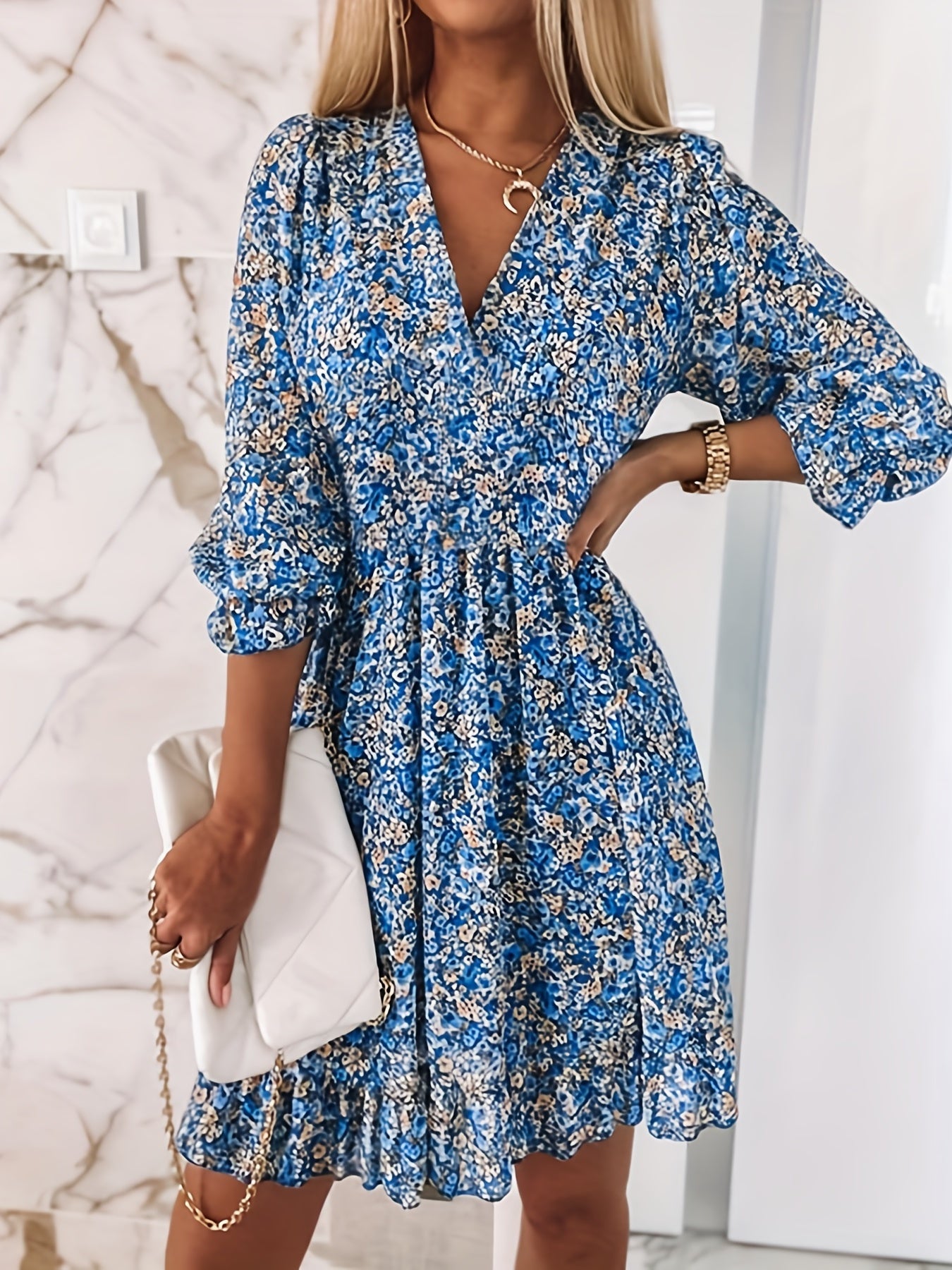 Sixsr Women's Dresses Puff Sleeve Floral Print Ruched Waist V-Neck Boho Dresses