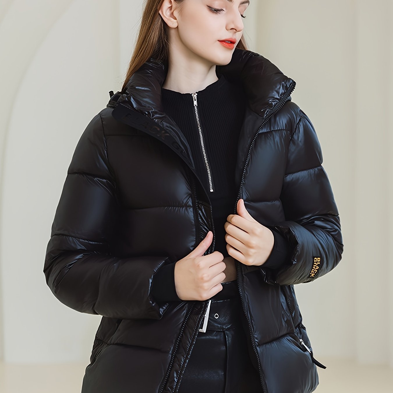 Sixsr Solid Zipper Front Hooded Coat, Versatile Long Sleeve Warm Winter Outwear, Women's Clothing