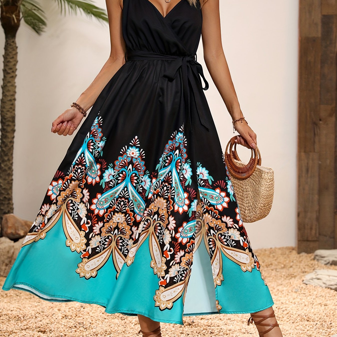 Paisley Print Spaghetti Strap Dress, Casual V Neck Split Sleeveless Maxi Dress, Women's Clothing