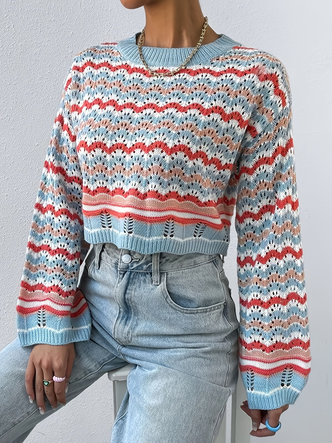 Sixsr Colorful Printing Knit Sweater, Casual Crew Neck Long Sleeve Sweater, Women's Clothing