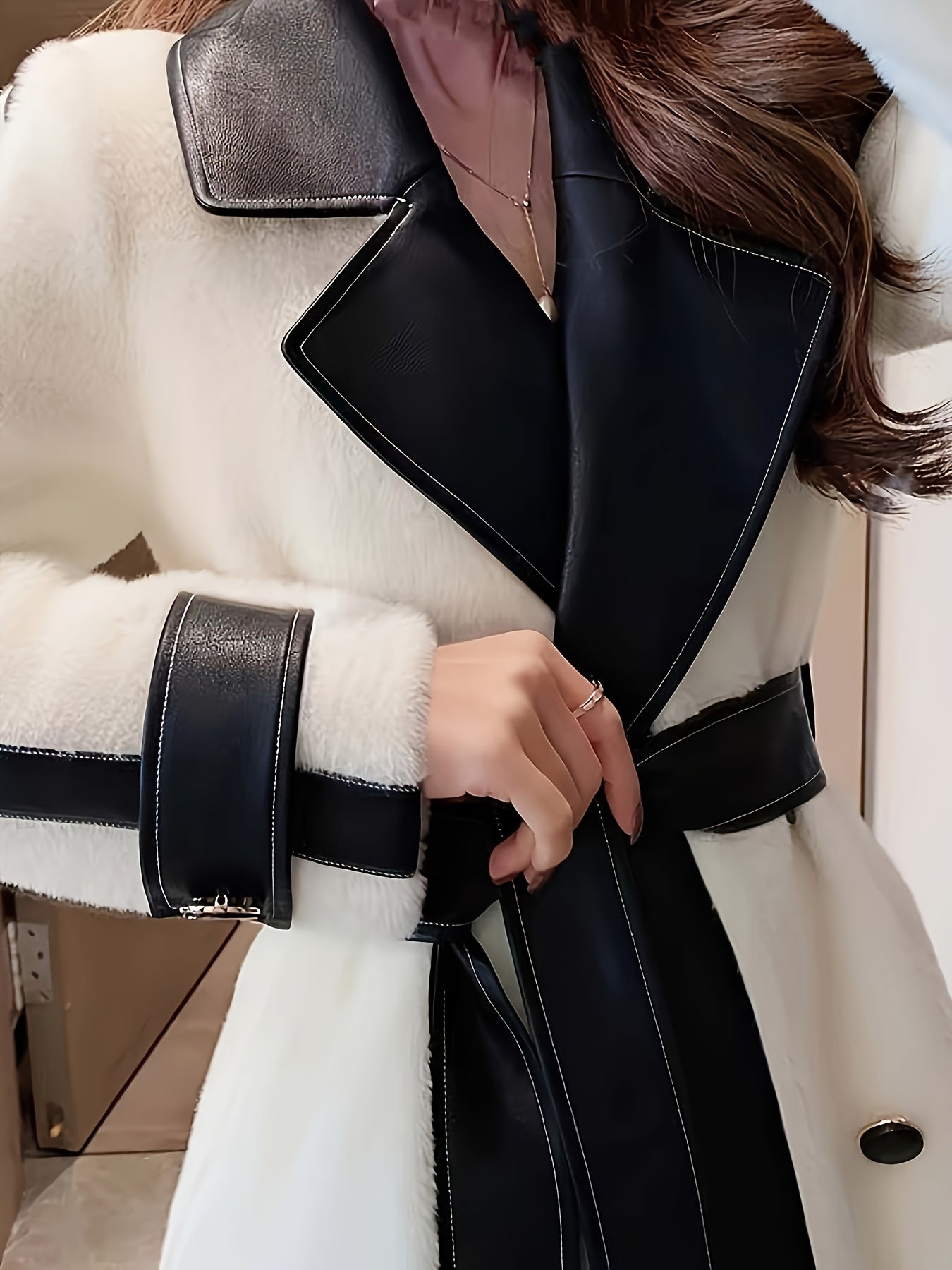 Sixsr Color Block Lapel Collar Belted Coat, Elegant Long Sleeve Plush Warm Outerwear, Women's Clothing