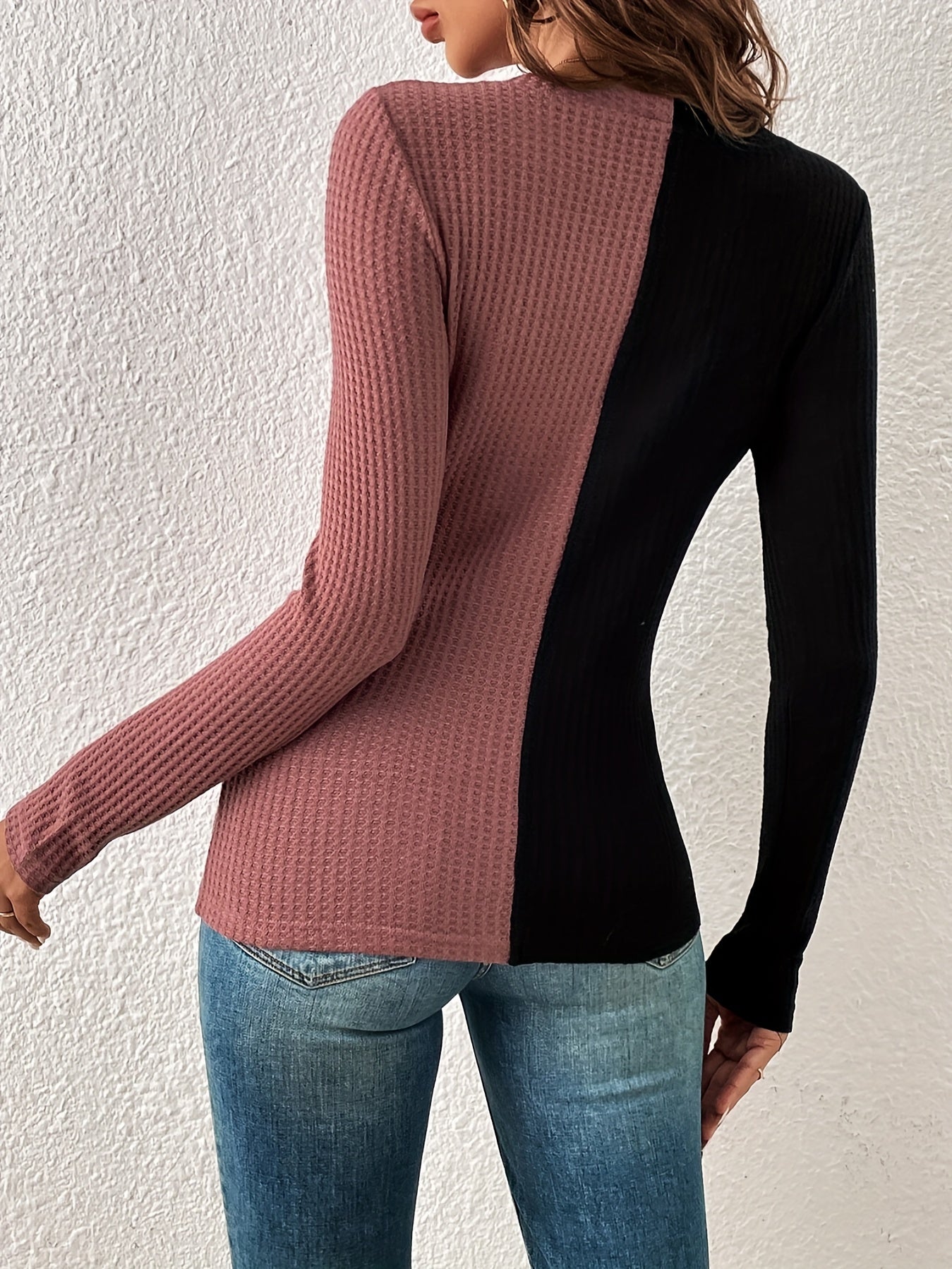 Sixsr Color Block Waffle Grid Top, Casual V Neck Long Sleeve T-Shirt For Spring & Fall, Women's Clothing