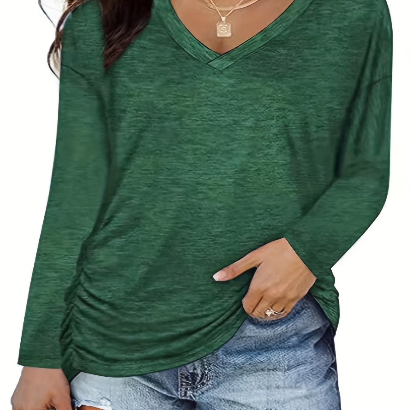 Sixsr Plus Size Casual Top, Women's Plus Solid Long Sleeve V Neck Side Ruched Slight Stretch Top