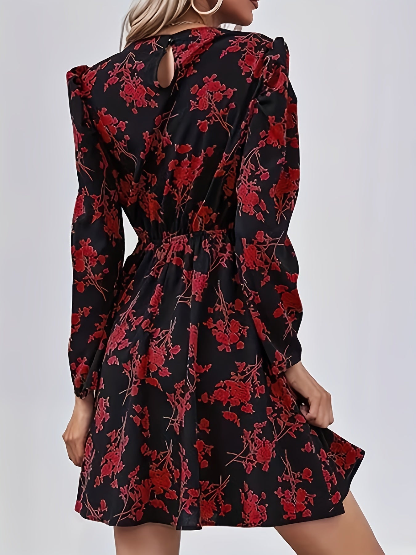 Sixsr Floral Print Keyhole Dress, Elegant Crew Neck Long Sleeve Dress, Women's Clothing