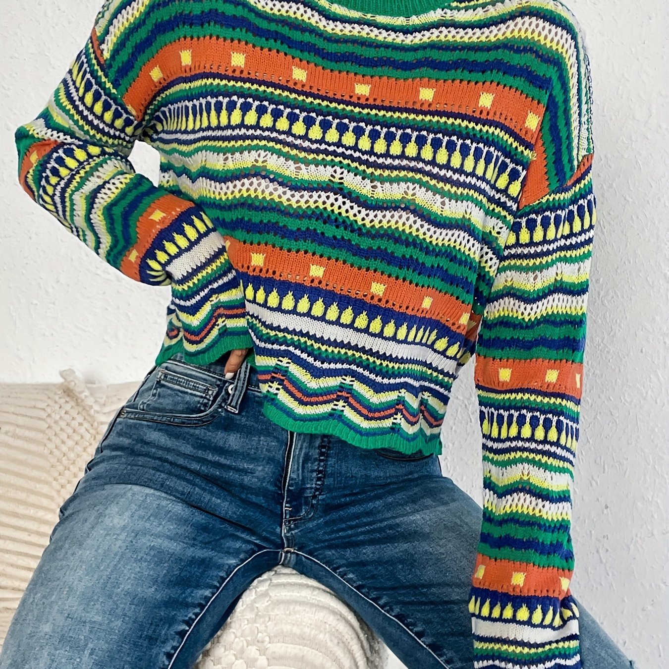 Sixsr Ethnic Print Eyelet Knit Sweater, Casual Crew Neck Long Sleeve Drop Shoulder Sweater, Women's Clothing