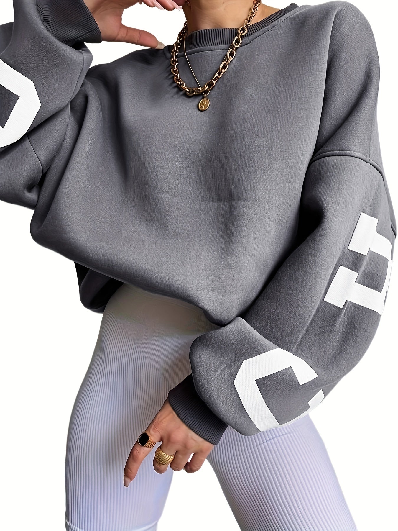 Sixsr Plus Size Casual Top, Women's Plus Letter Print Drop Shoulder Long Sleeve Round Neck Sweatshirt