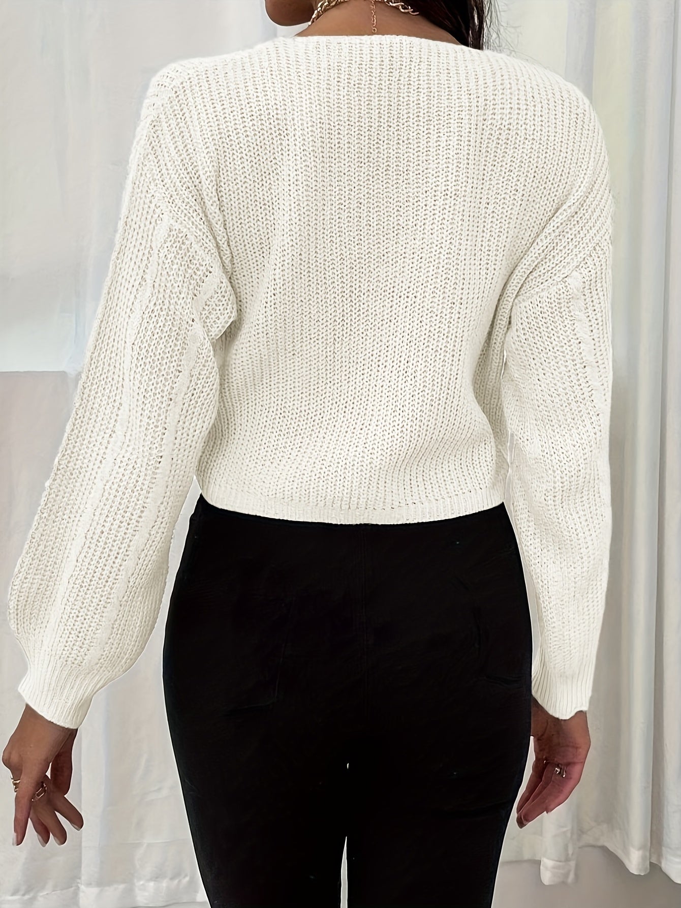 Sixsr Drawstring V Neck Crop Pullover Sweater, Casual Long Sleeve Sweater For Spring & Fall, Women's Clothing