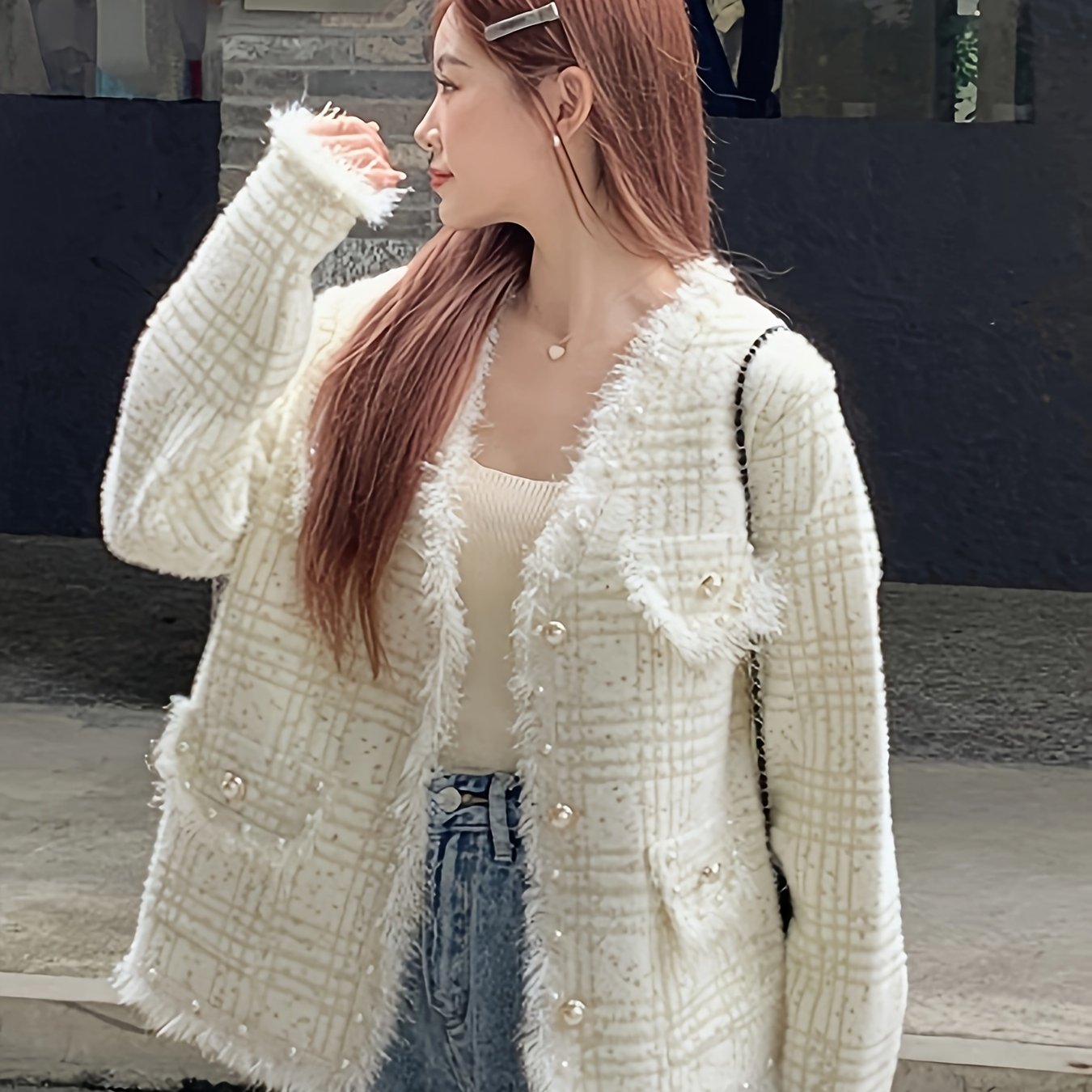 Sixsr Faux Fur Trim Button Front Jacket, Chic Long Sleeve Coat For Fall & Winter, Women's Clothing