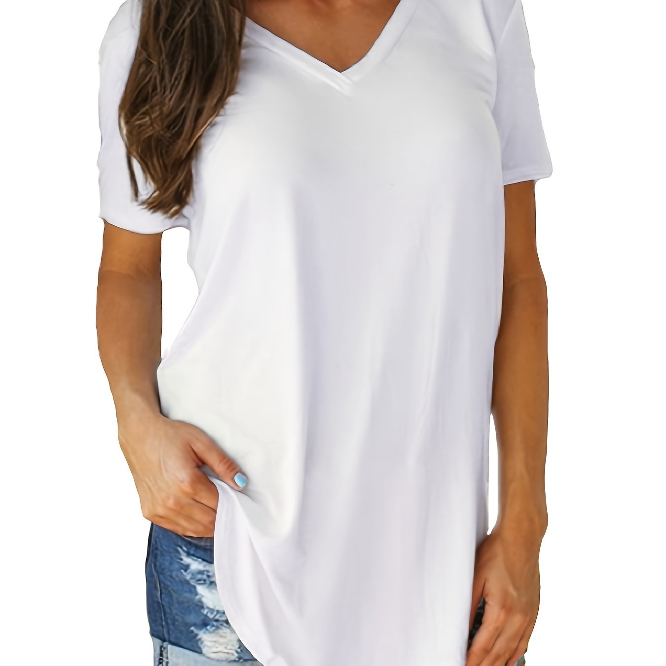 Sixsr Hem Arc Spilt Hem T-shirt, Casual V Neck Short Sleeve Summer T-shirt, Women's Clothing
