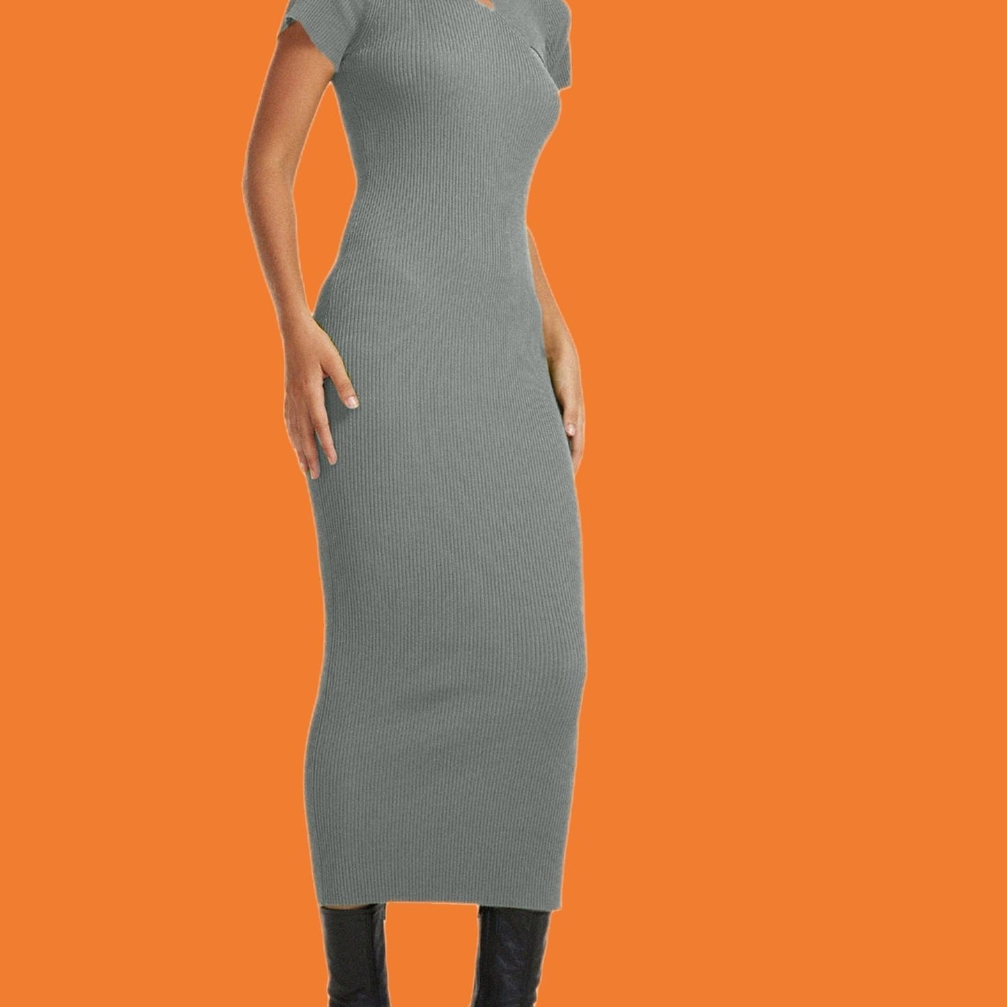 Sixsr Women's Dresses Sexy Casual Short Sleeve High Neck Hollowed Slim Fit Solid Bodycon Long Dress