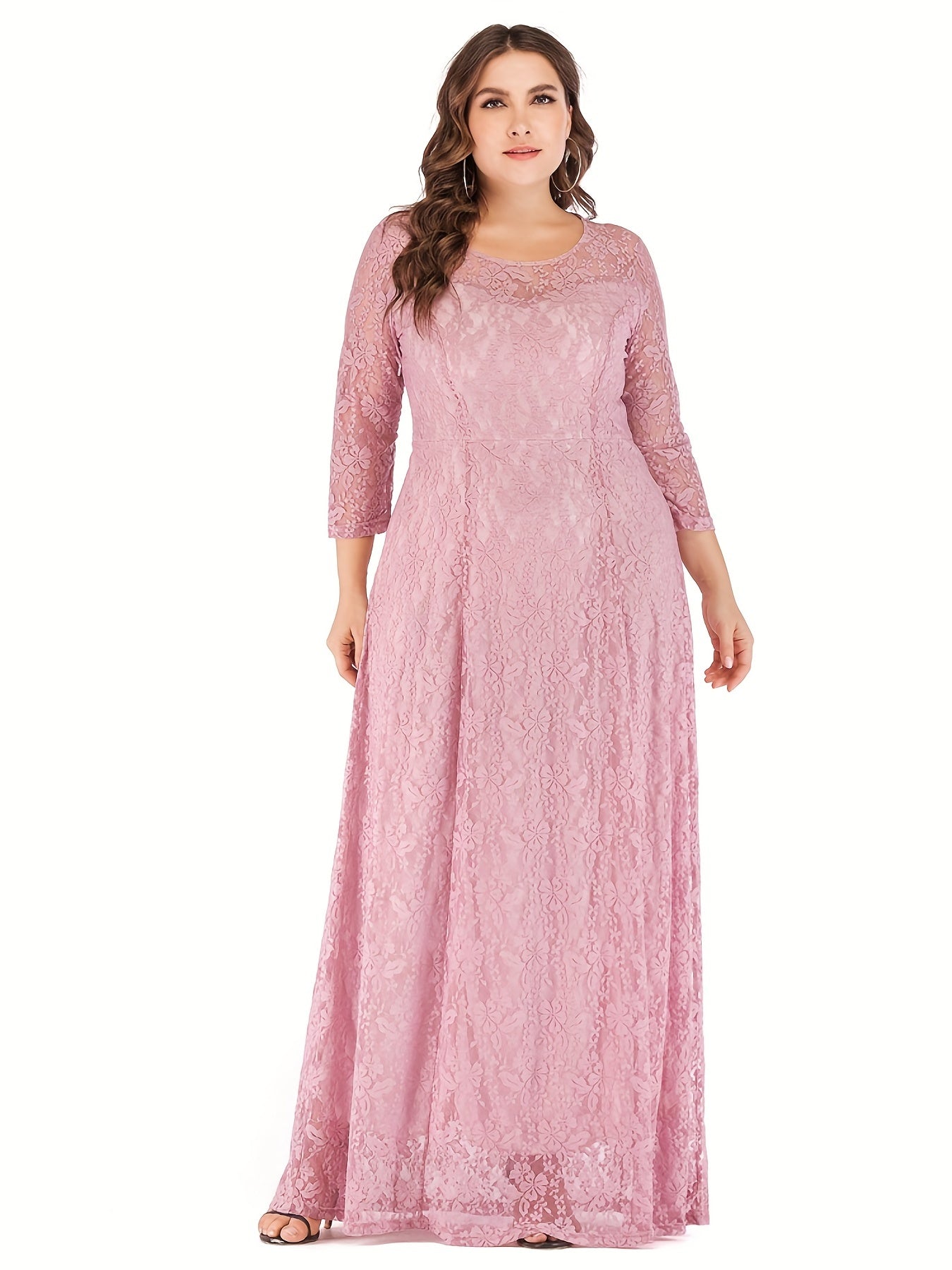 Sixsr Plus Size Romantic Wedding Dress, Women's Plus Floral Lace Long Sleeve Round Neck Lined Formal Party Dress