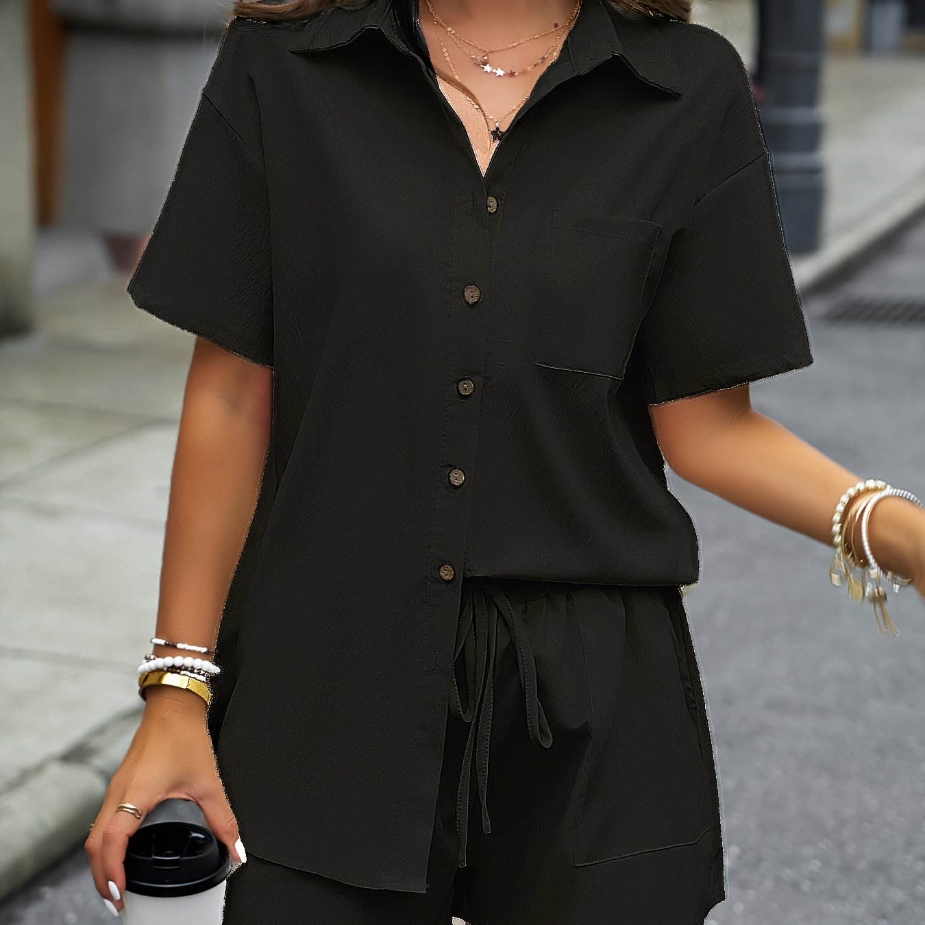 Sixsr Solid Casual Two-piece Set, Button Front Turn Down Collar Mid Length Shirt & Drawstring Elastic Waist Shorts Outfits, Women's Clothing