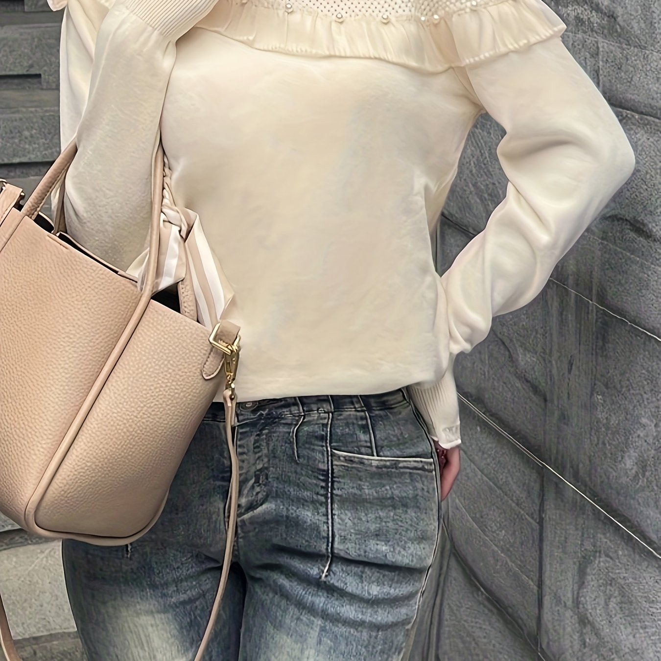 Sixsr Beaded Lace Trim Turtle Neck Knitted Top, Elegant Long Sleeve Slim Sweater For Spring & Fall, Women's Clothing