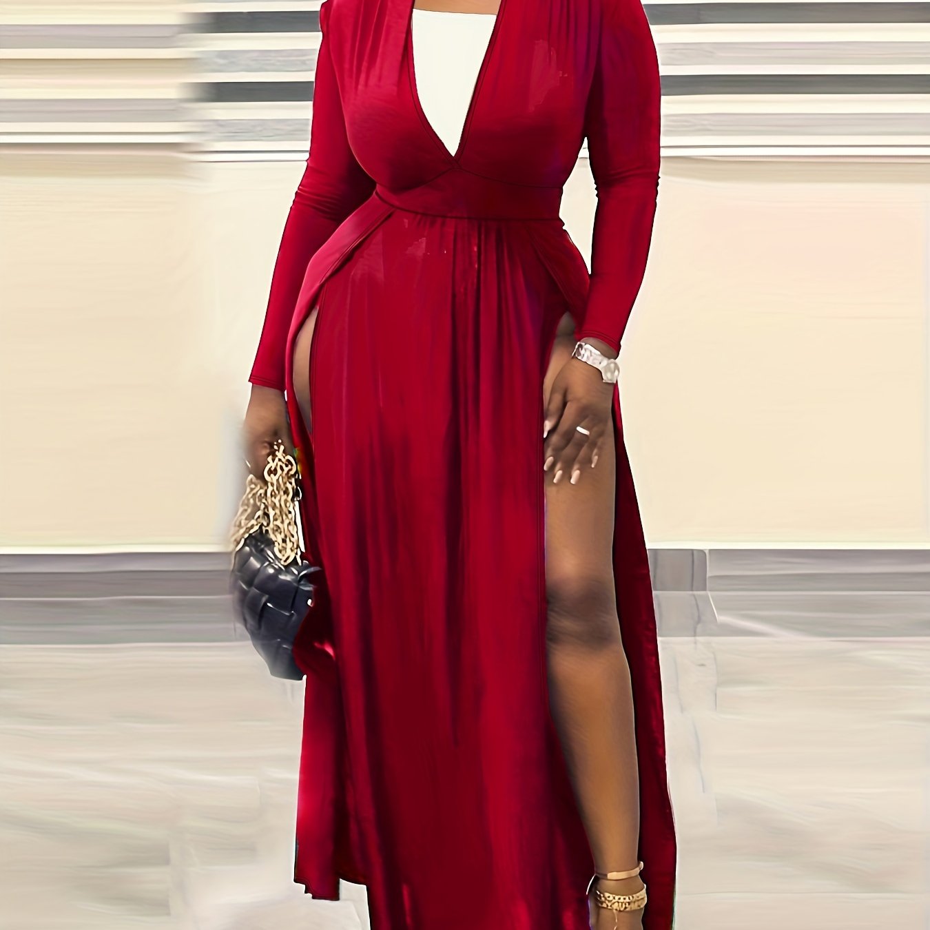 Sixsr Plus Size Solid Color Long Sleeve Split Hem Maxi Dress, Women's Plus V Neck Medium Stretch Elegant Party Dress