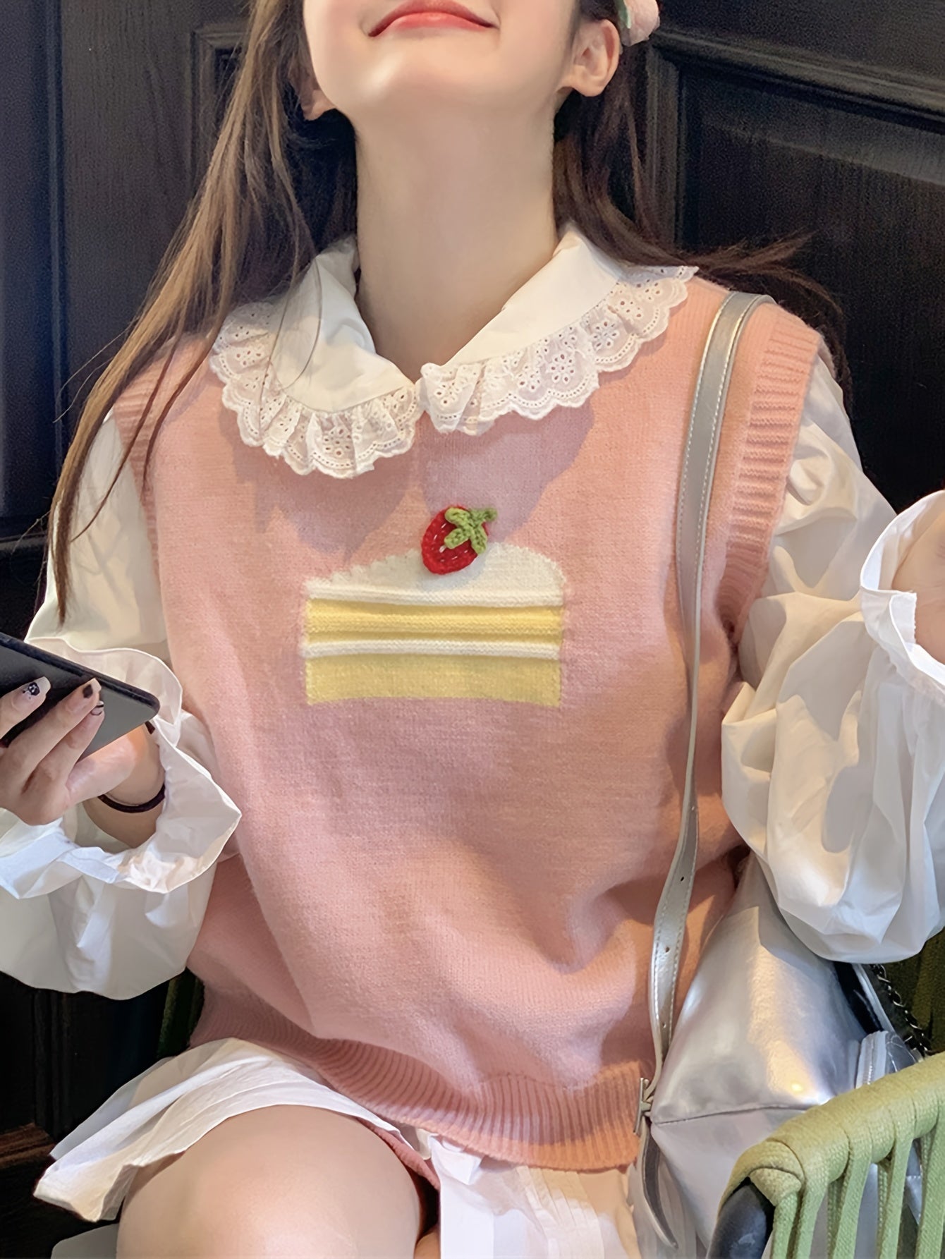 Sixsr Cake Pattern Crew Neck Knitted Vest, Casual Sleeveless Sweet Sweater, Women's Clothing