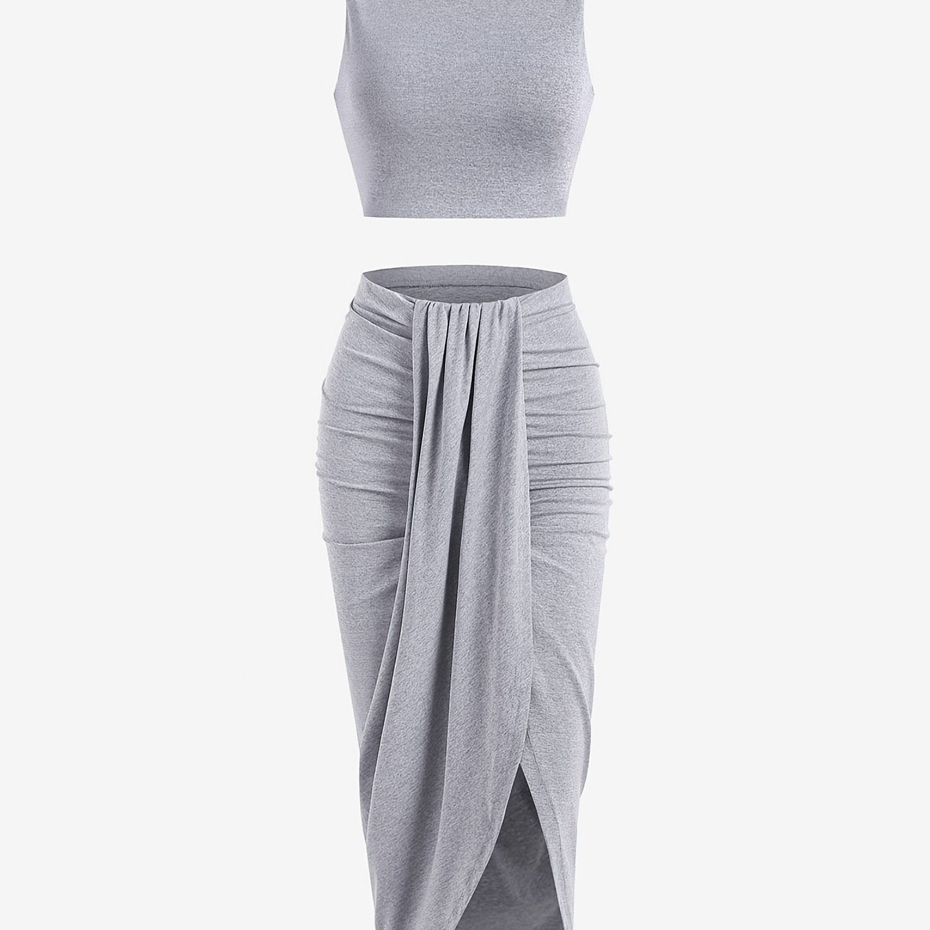 Two-piece Skirt Set, Crop Tank Top & Ruched Split Front Skirt Outfits, Women's Clothing