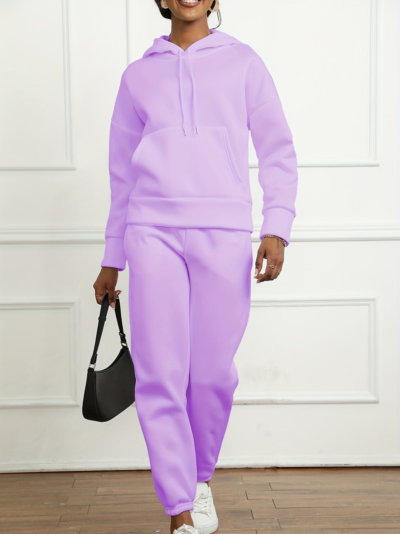 Sixsr 2pcs Athleisure Set, Oversized Solid Hooded Pocket Drawstring Sweatshirts & Sweatpants Sets, Women's Clothing