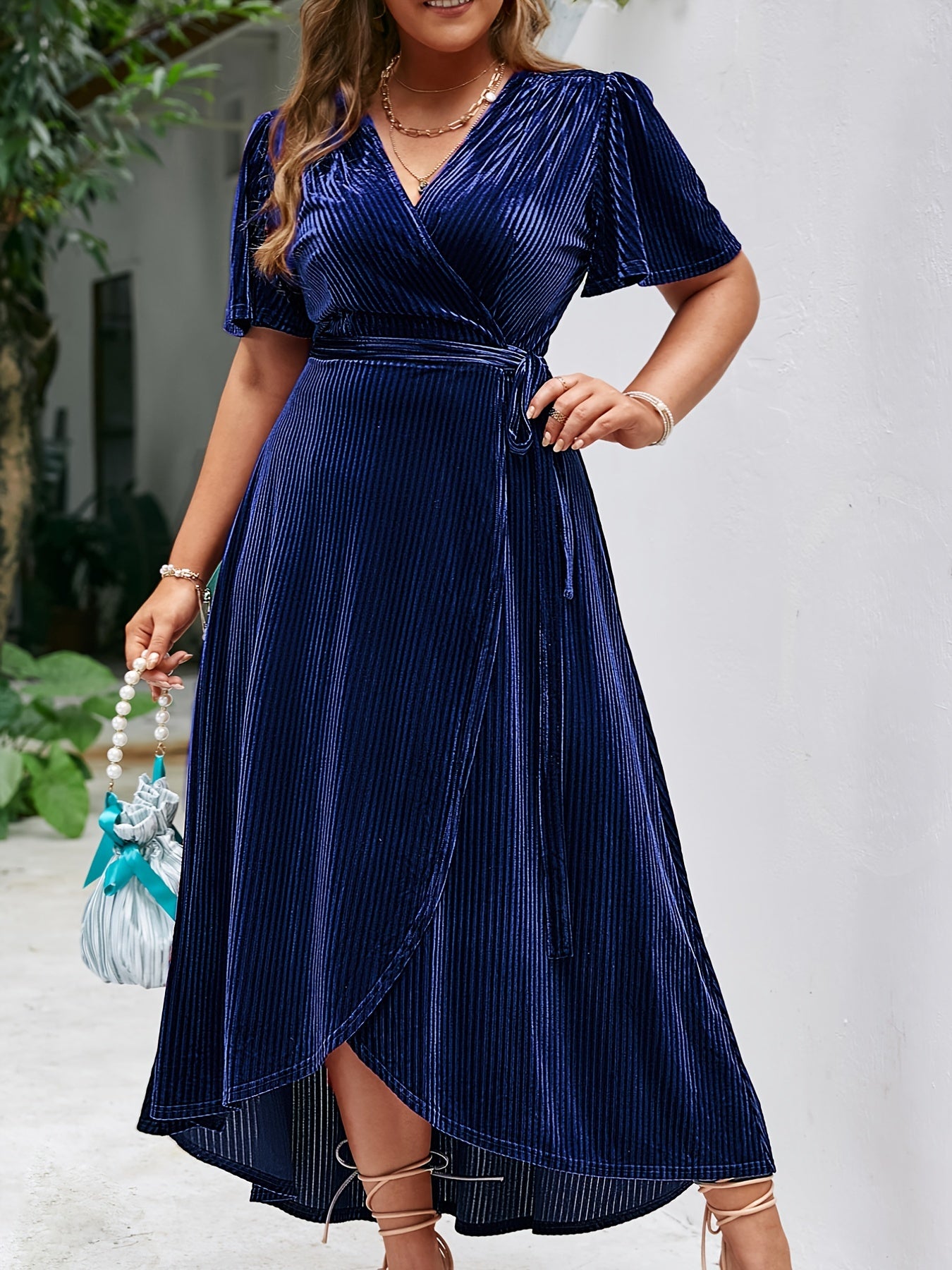 Sixsr Plus Size Velvet V Neck Short Sleeve High Split Maxi Dress, Women's Plus Medium Stretch Elegant Long Wrap Dress