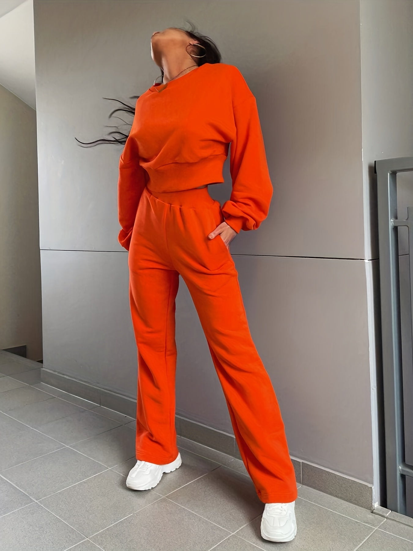 Sixsr Casual Solid Two-piece Set, Crew Neck Long Sleeve Sweatshirt & Straight Leg Pants Outfits, Women's Clothing