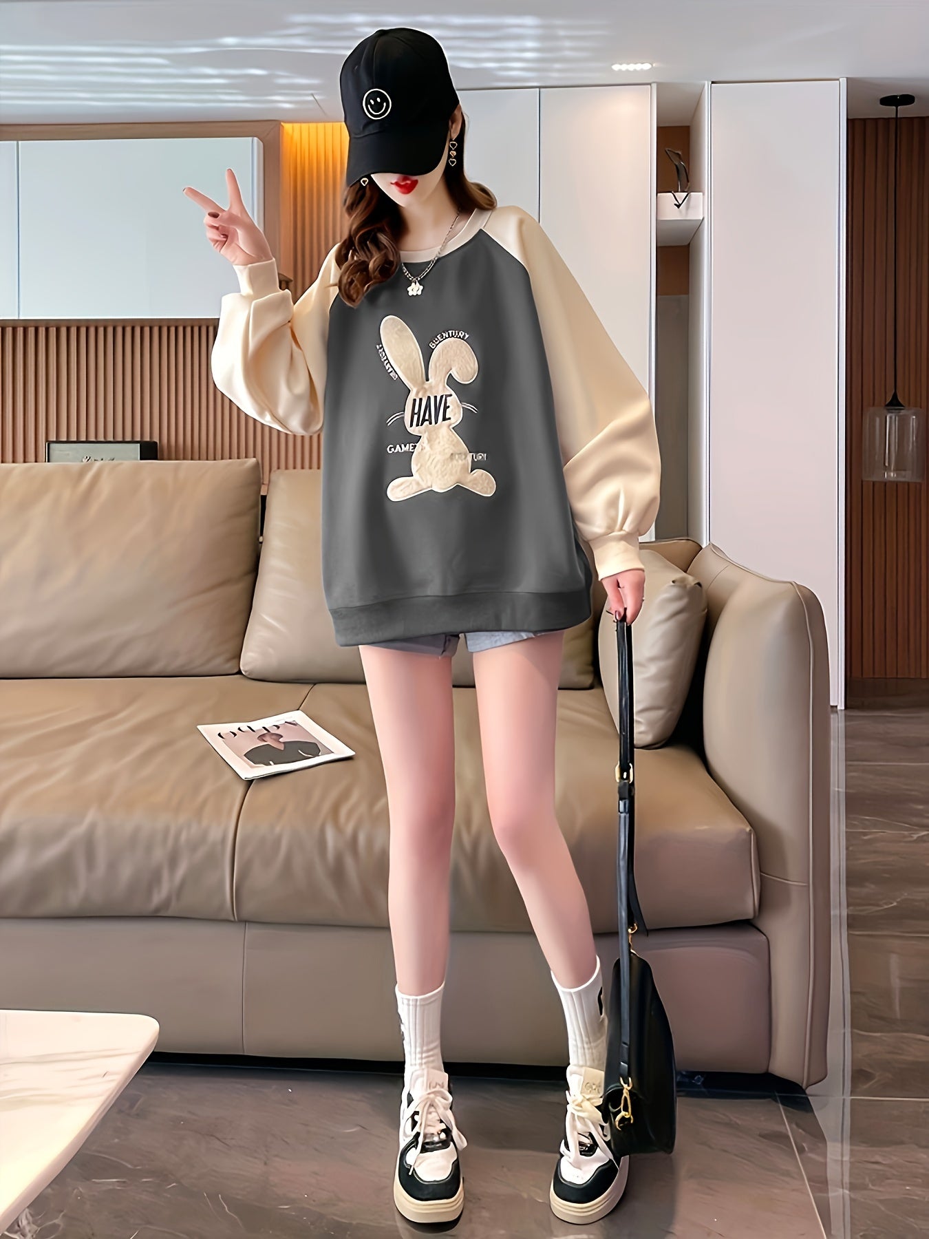 Sixsr Patched Rabbit Sweatshirt, Casual Raglan Neck Long Sleeve Sweatshirt, Women's Clothing