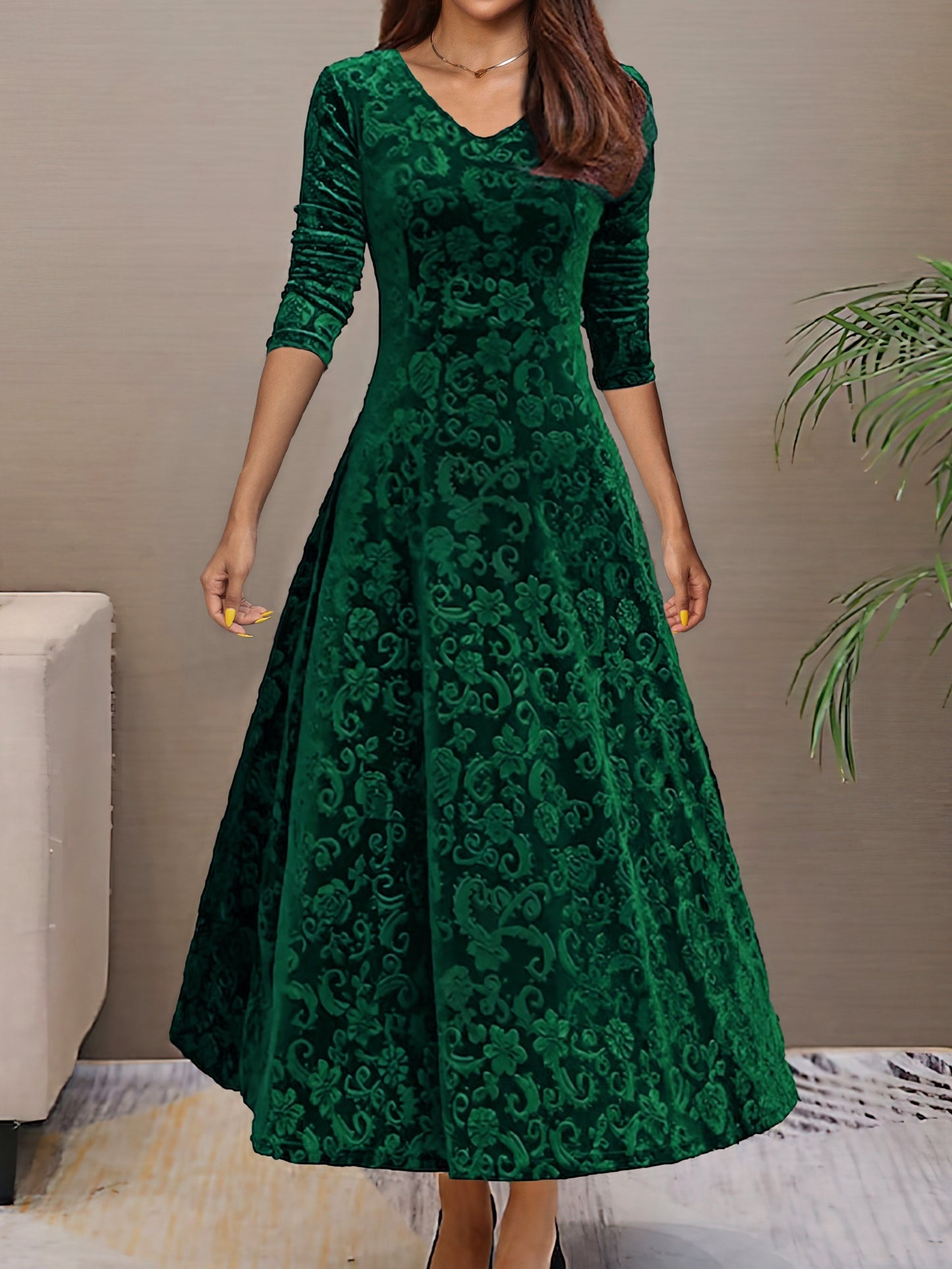 Sixsr Solid Color Long Sleeve Dress, Elegant V Neck Flared Dress For Spring & Fall, Women's Clothing