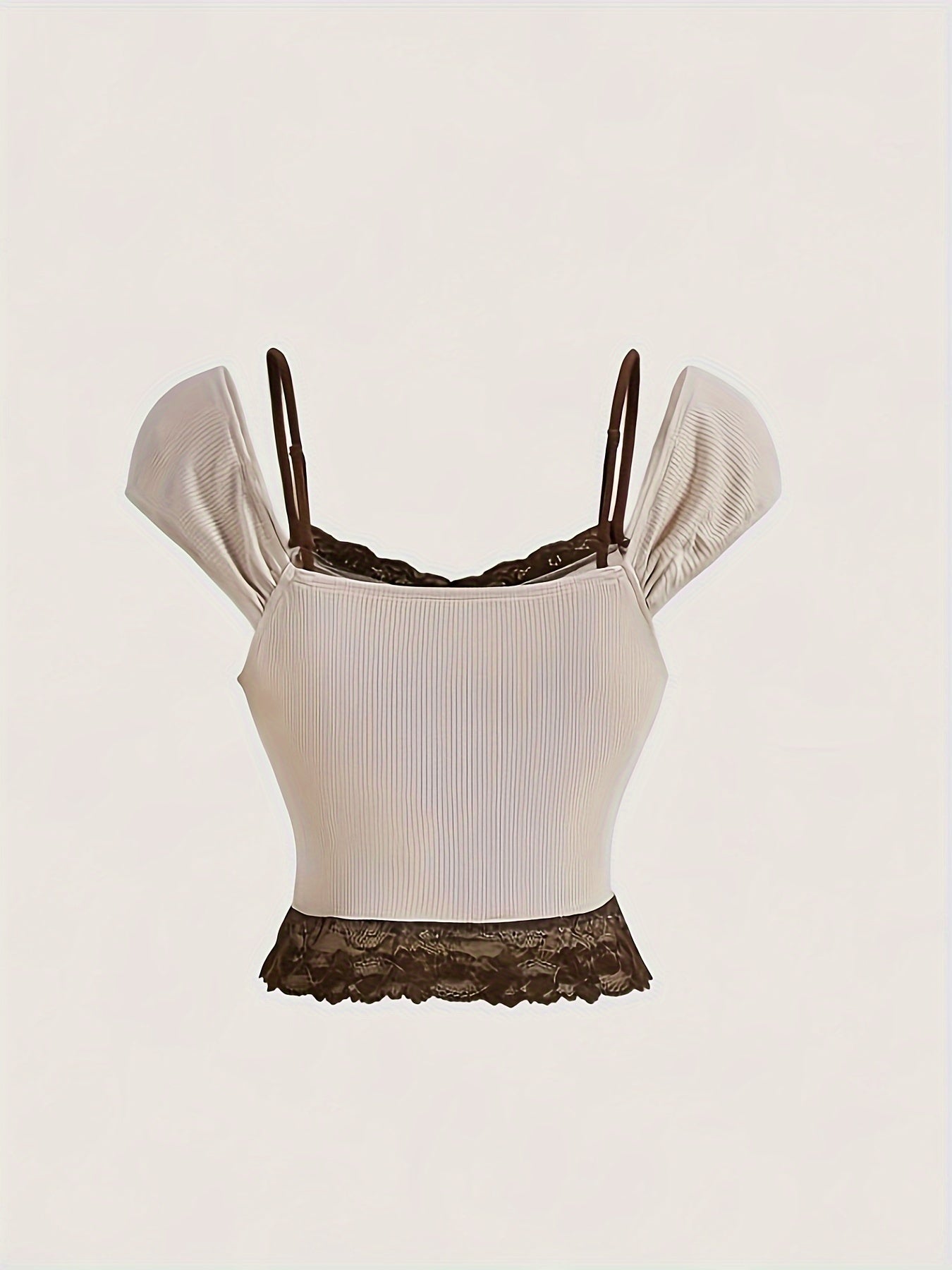 Sixsr Faux Twinset Contrast Lace Strap Top, Casual Cap Sleeve Ruched Crop Top For Spring & Summer, Women's Clothing