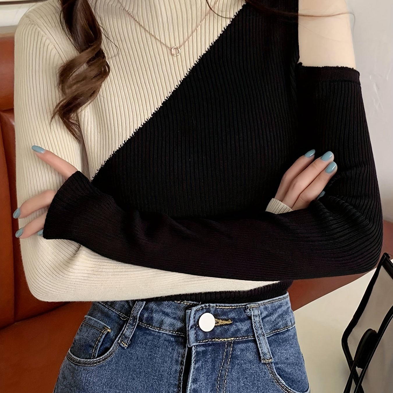 Sixsr Color Block Pullover Sweater, Casual Cold Shoulder Mock Neck Long Sleeve Top, Women's Clothing